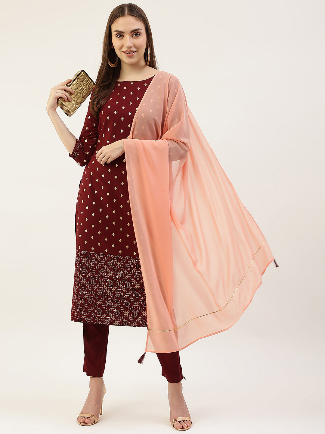FIORRA Women's Maroon Poly Crepe Straight Kurta with Pant and Dupatta