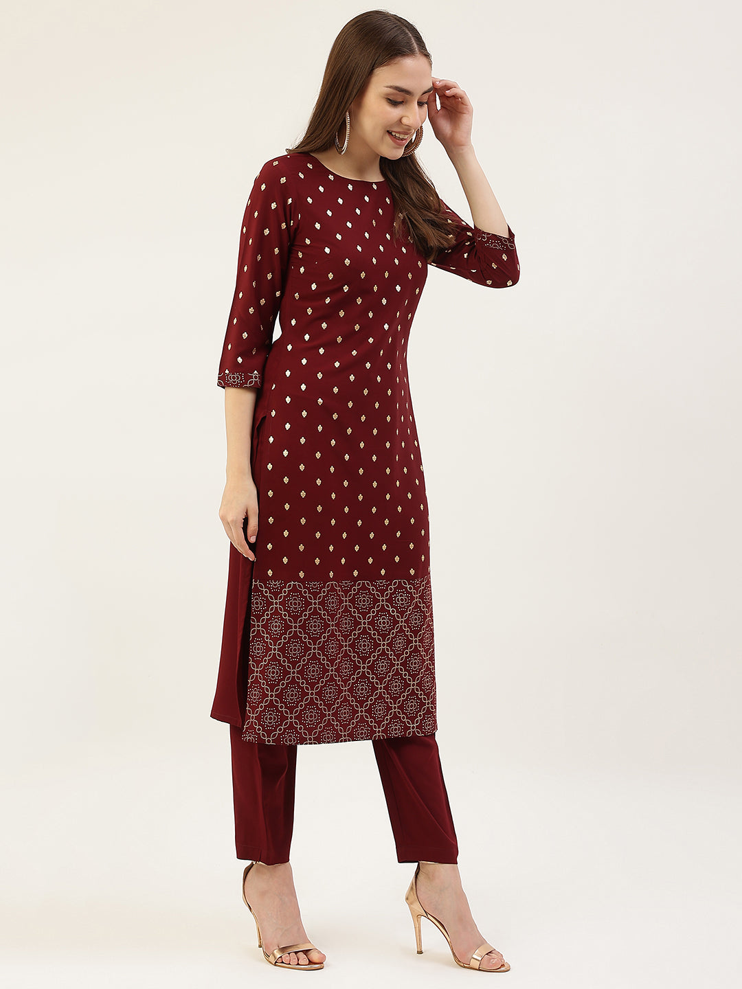 FIORRA Women's Maroon Poly Crepe Straight Kurta with Pant and Dupatta