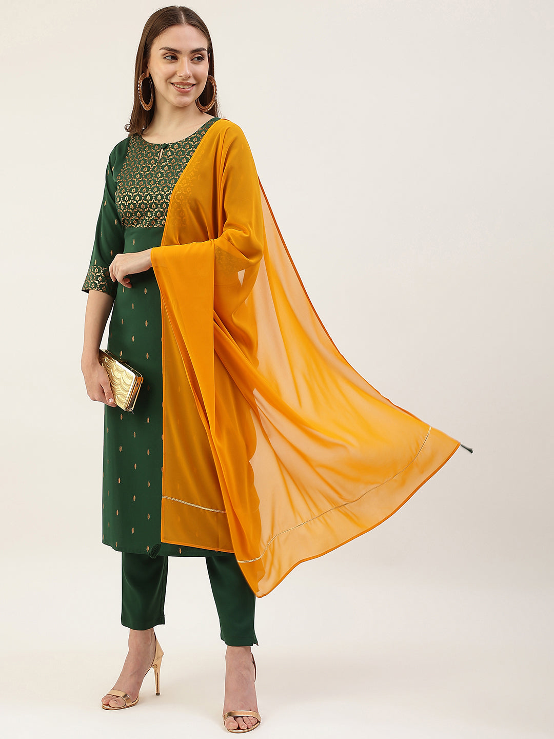 FIORRA Women's Green Poly Crepe Straight Kurta with Pant and Dupatta