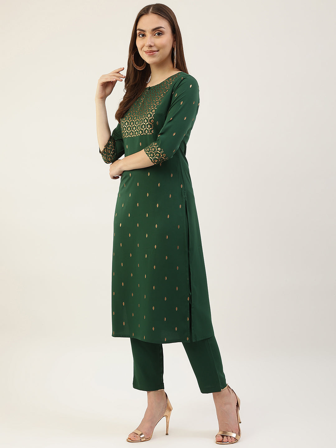 FIORRA Women's Green Poly Crepe Straight Kurta with Pant and Dupatta