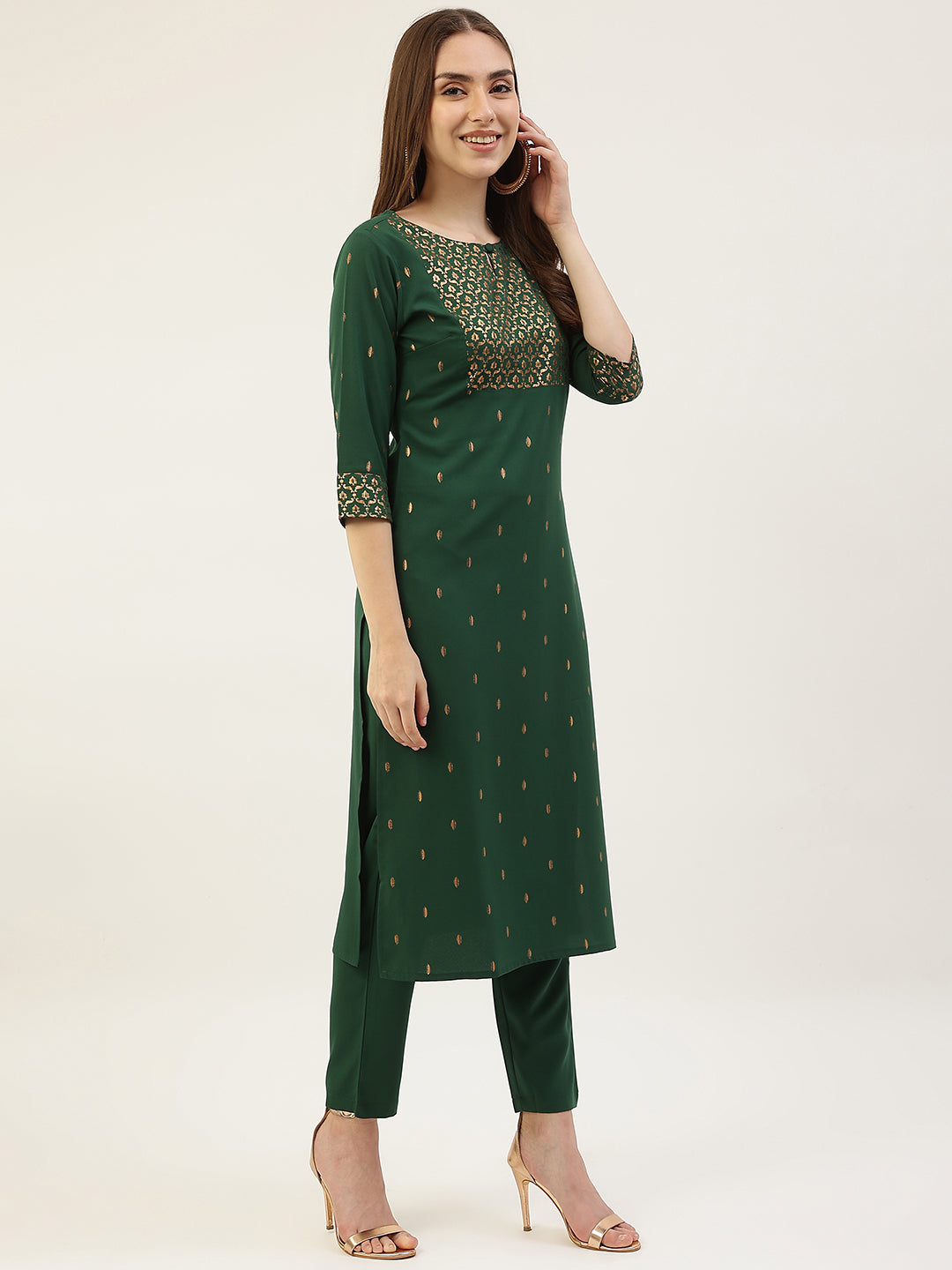 FIORRA Women's Green Poly Crepe Straight Kurta with Pant and Dupatta