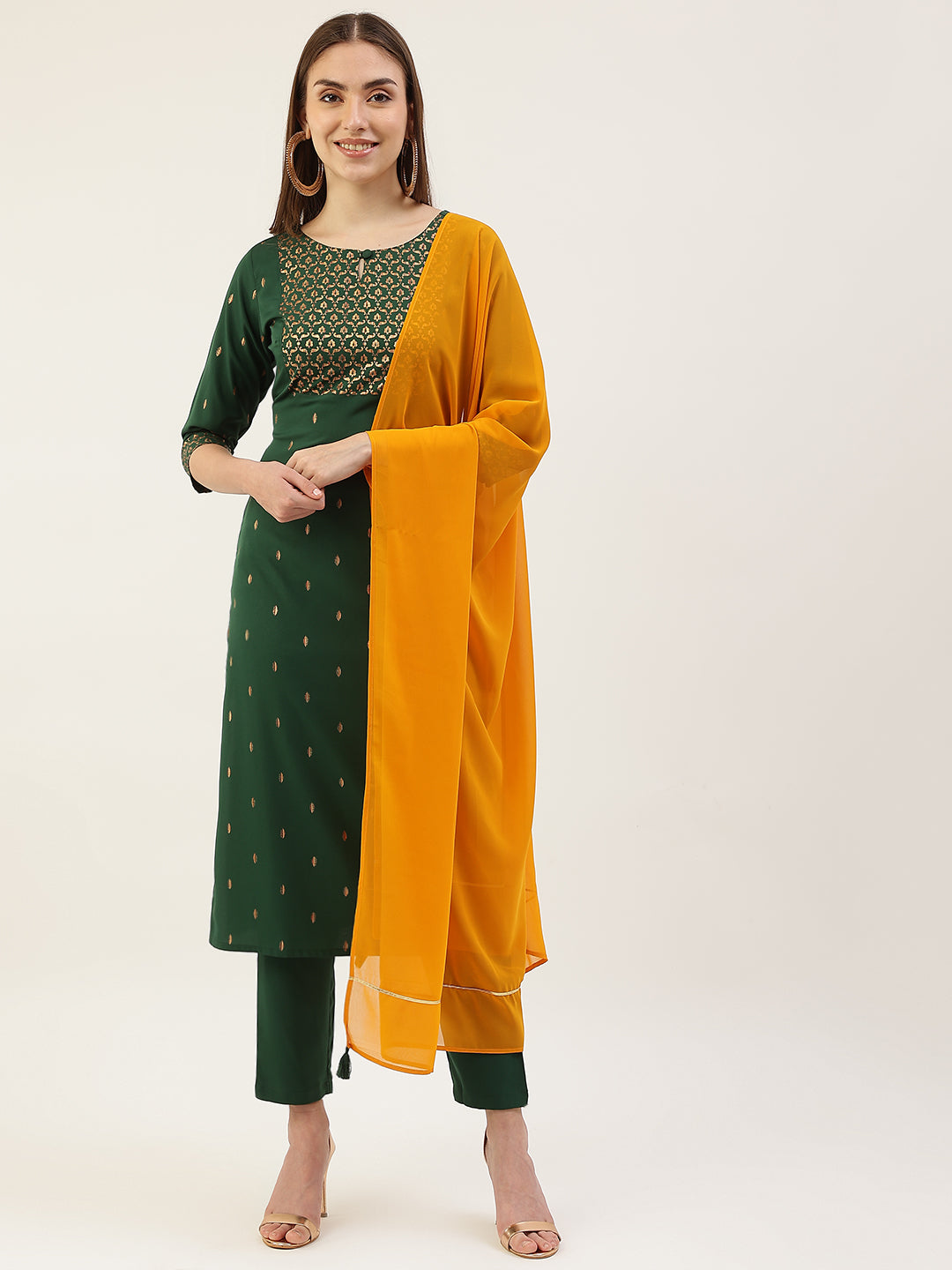 FIORRA Women's Green Poly Crepe Straight Kurta with Pant and Dupatta