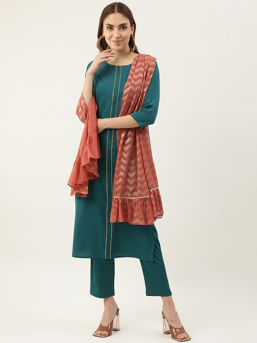 FIORRA Women's Teal Blue Poly Crepe Straight Kurta with Pant and Dupatta