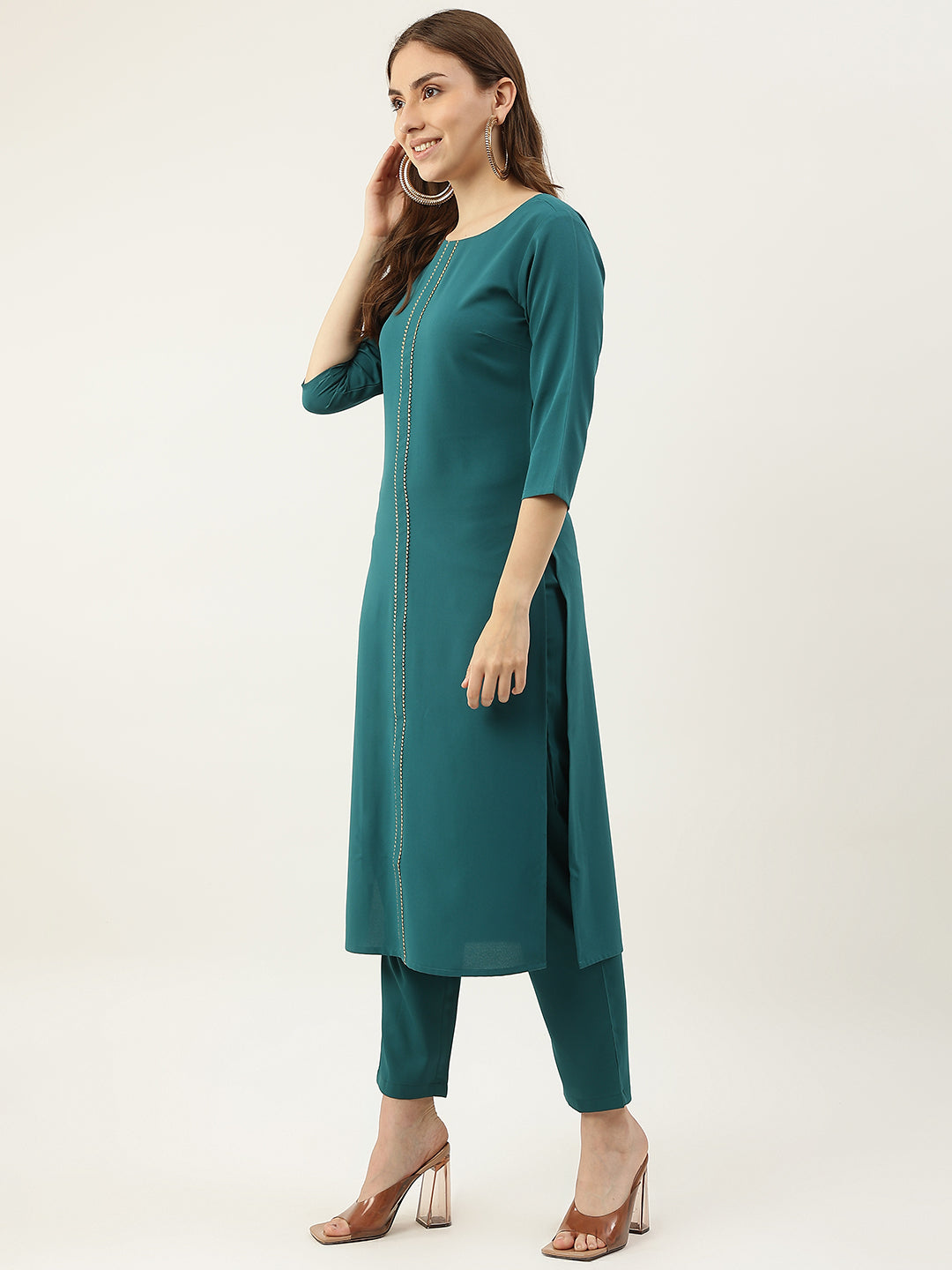 FIORRA Women's Teal Blue Poly Crepe Straight Kurta with Pant and Dupatta