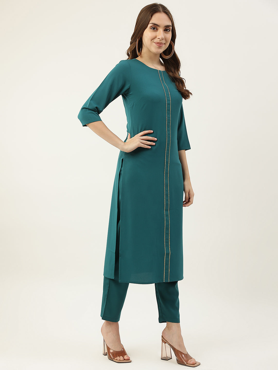 FIORRA Women's Teal Blue Poly Crepe Straight Kurta with Pant and Dupatta