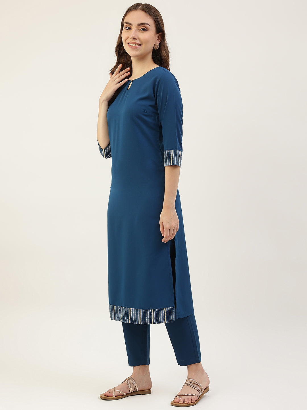 FIORRA Women's Teal Blue Poly Crepe Straight Kurta with Pant and Dupatta