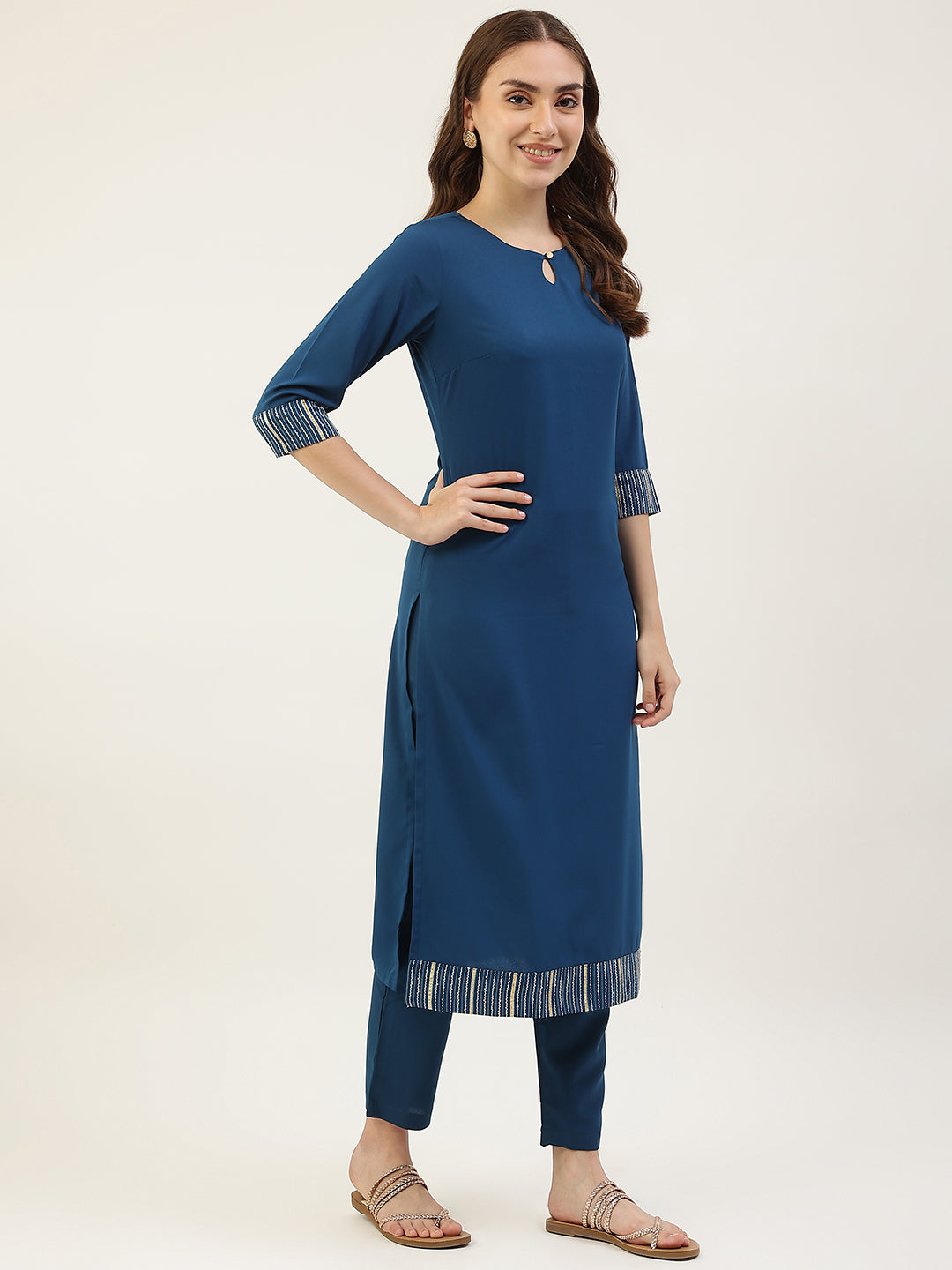 FIORRA Women's Teal Blue Poly Crepe Straight Kurta with Pant and Dupatta