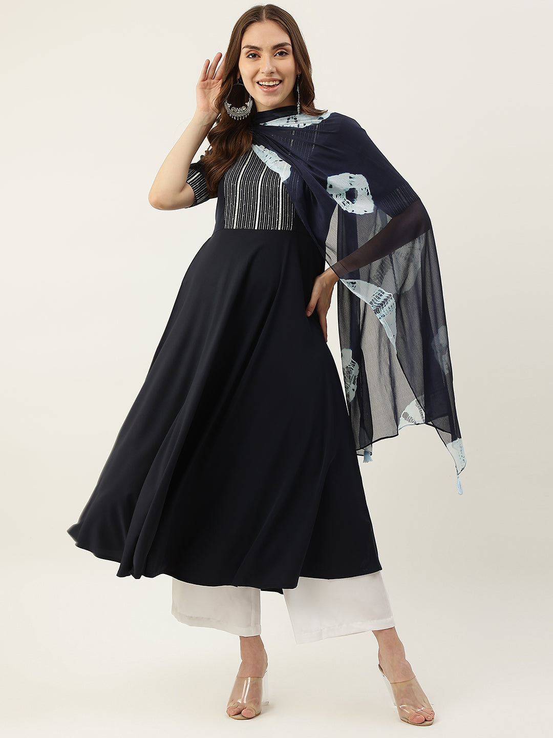 FIORRA Women's Teal Blue Poly Crepe Straight Kurta With Dupatta