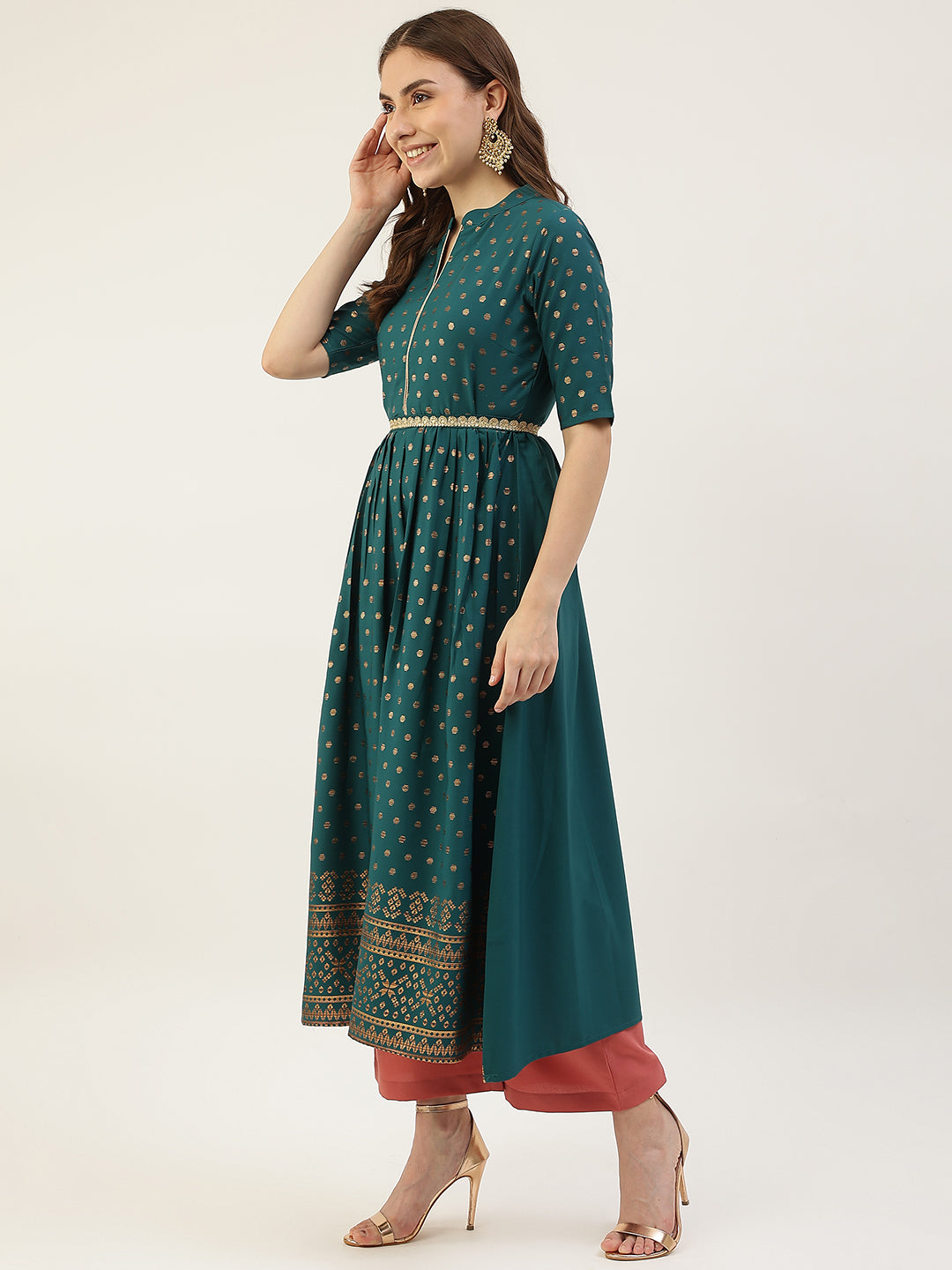 FIORRA Women's Sea Green Poly Crepe Kurta with Dupatta