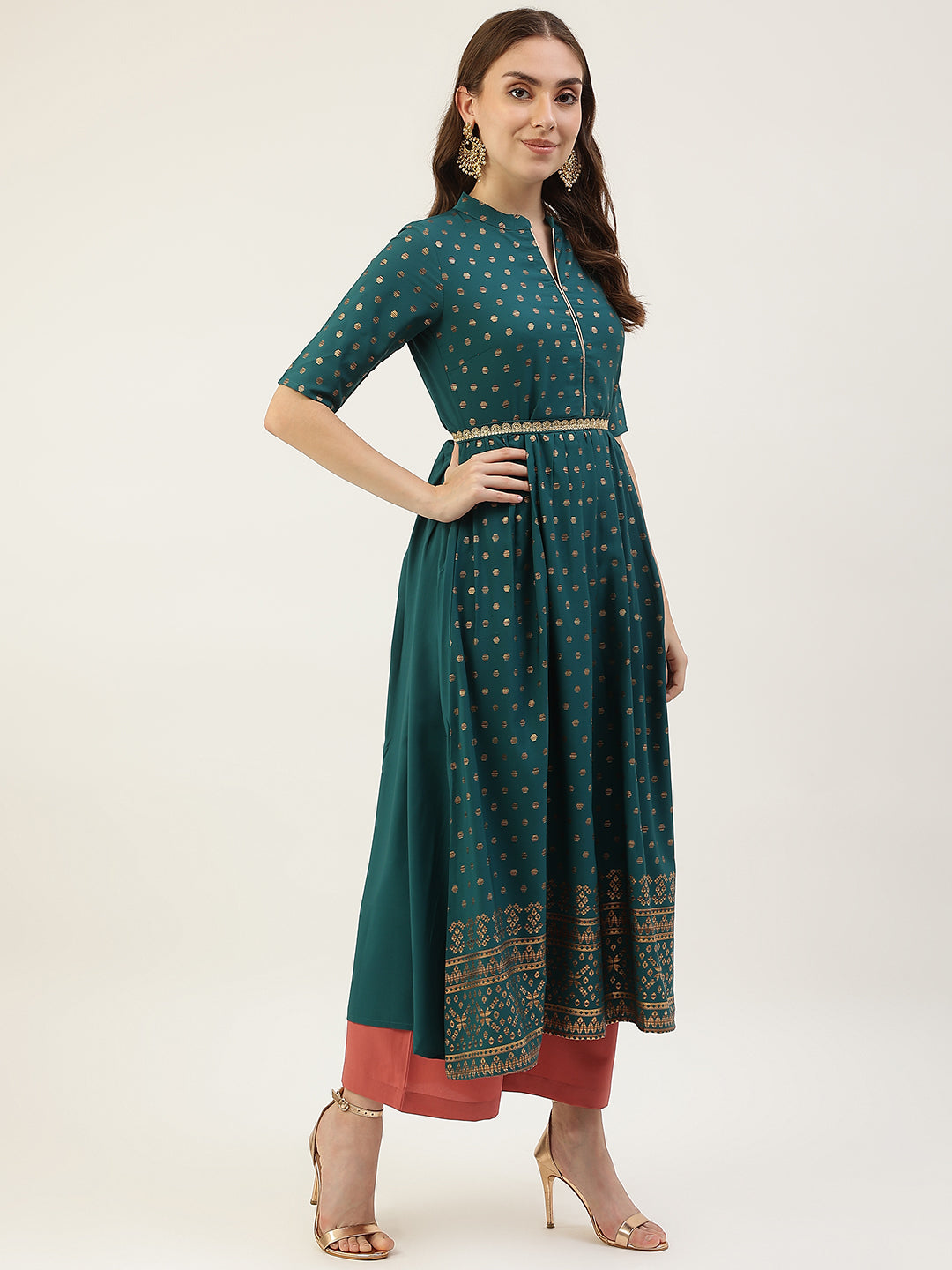 FIORRA Women's Sea Green Poly Crepe Kurta with Dupatta