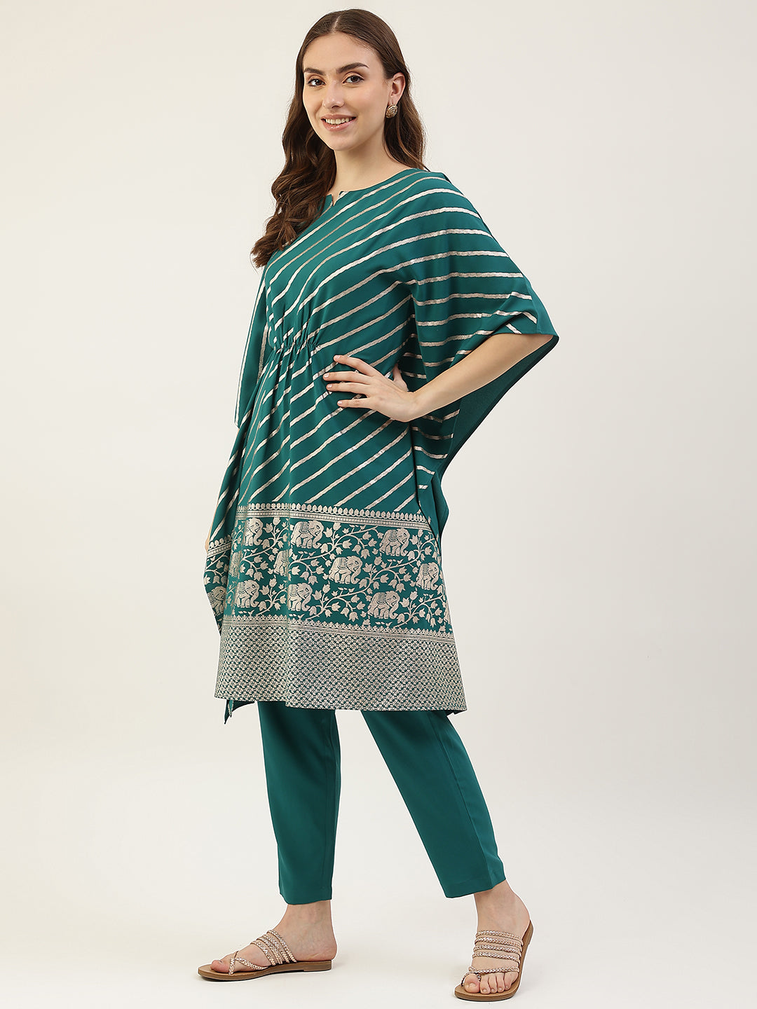FIORRA Women's Teal Blue Poly Crepe Kaftan Kurta with Pant