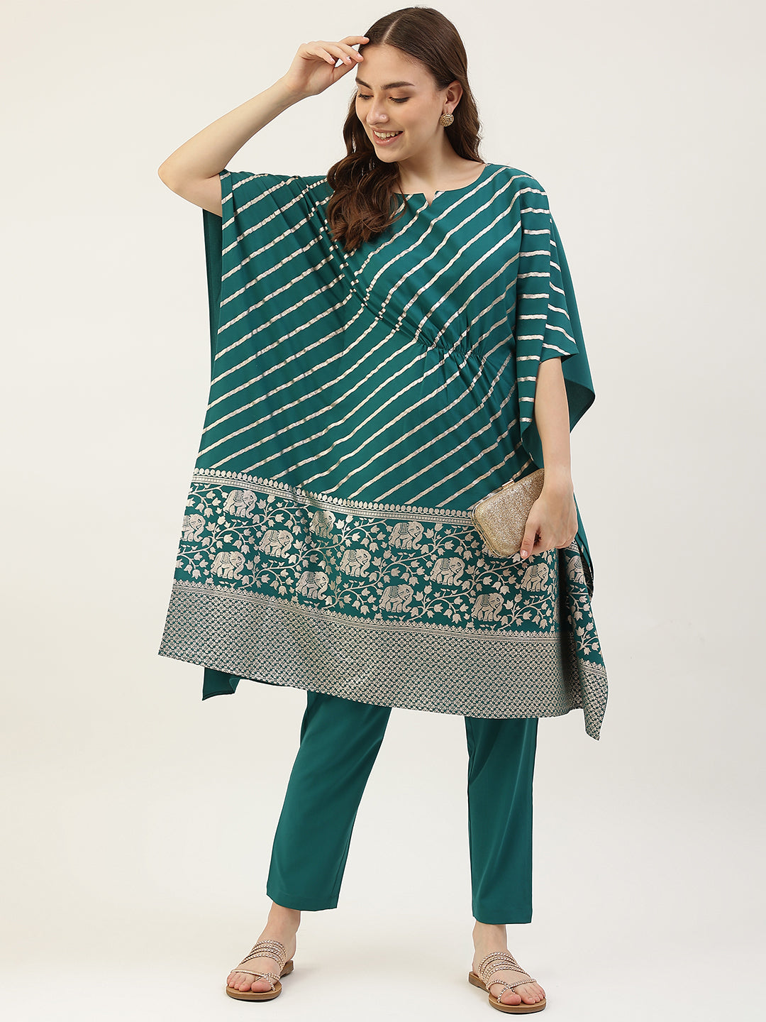 FIORRA Women's Teal Blue Poly Crepe Kaftan Kurta with Pant