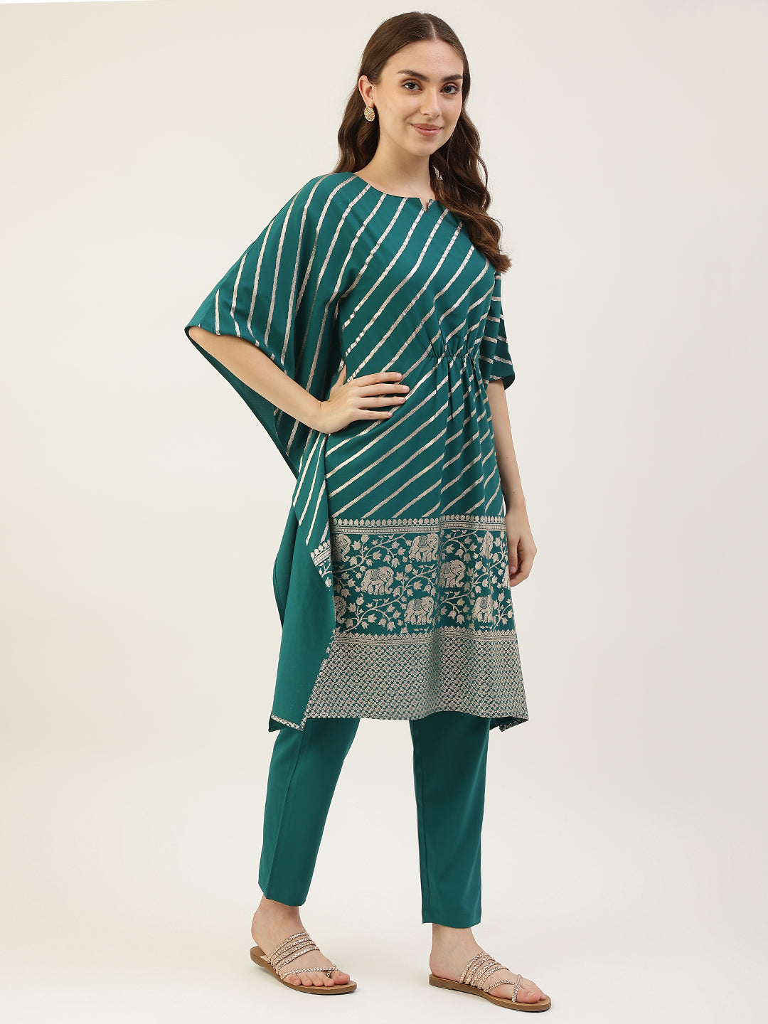 FIORRA Women's Teal Blue Poly Crepe Kaftan Kurta with Pant