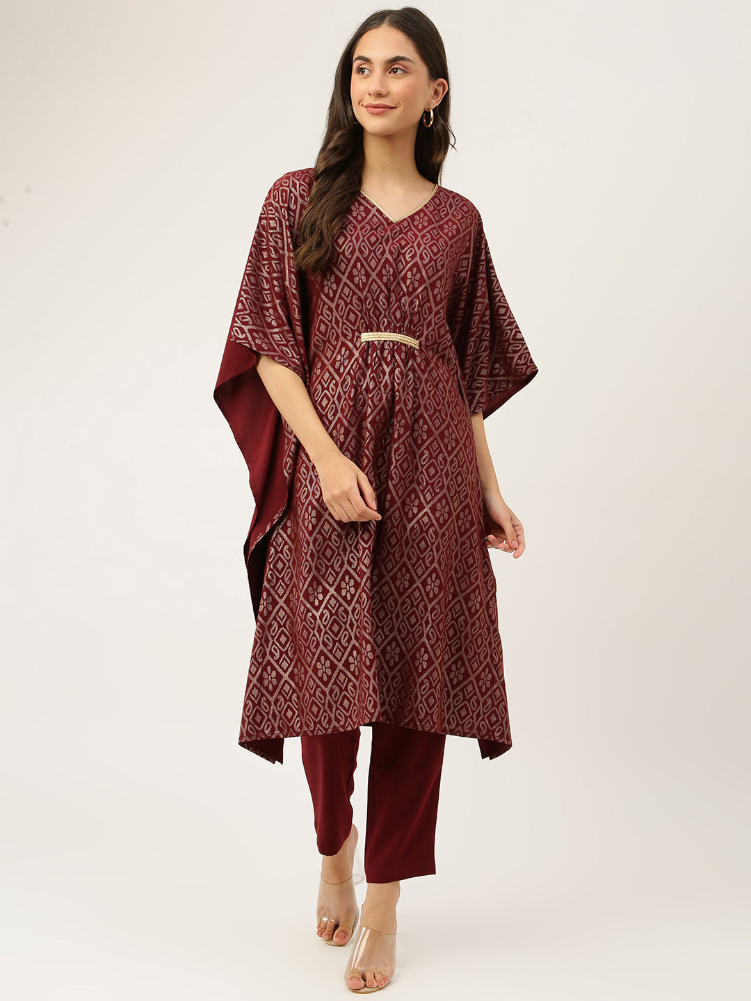 FIORRA Women's Maroon Poly Crepe Kaftan Kurta with Pant