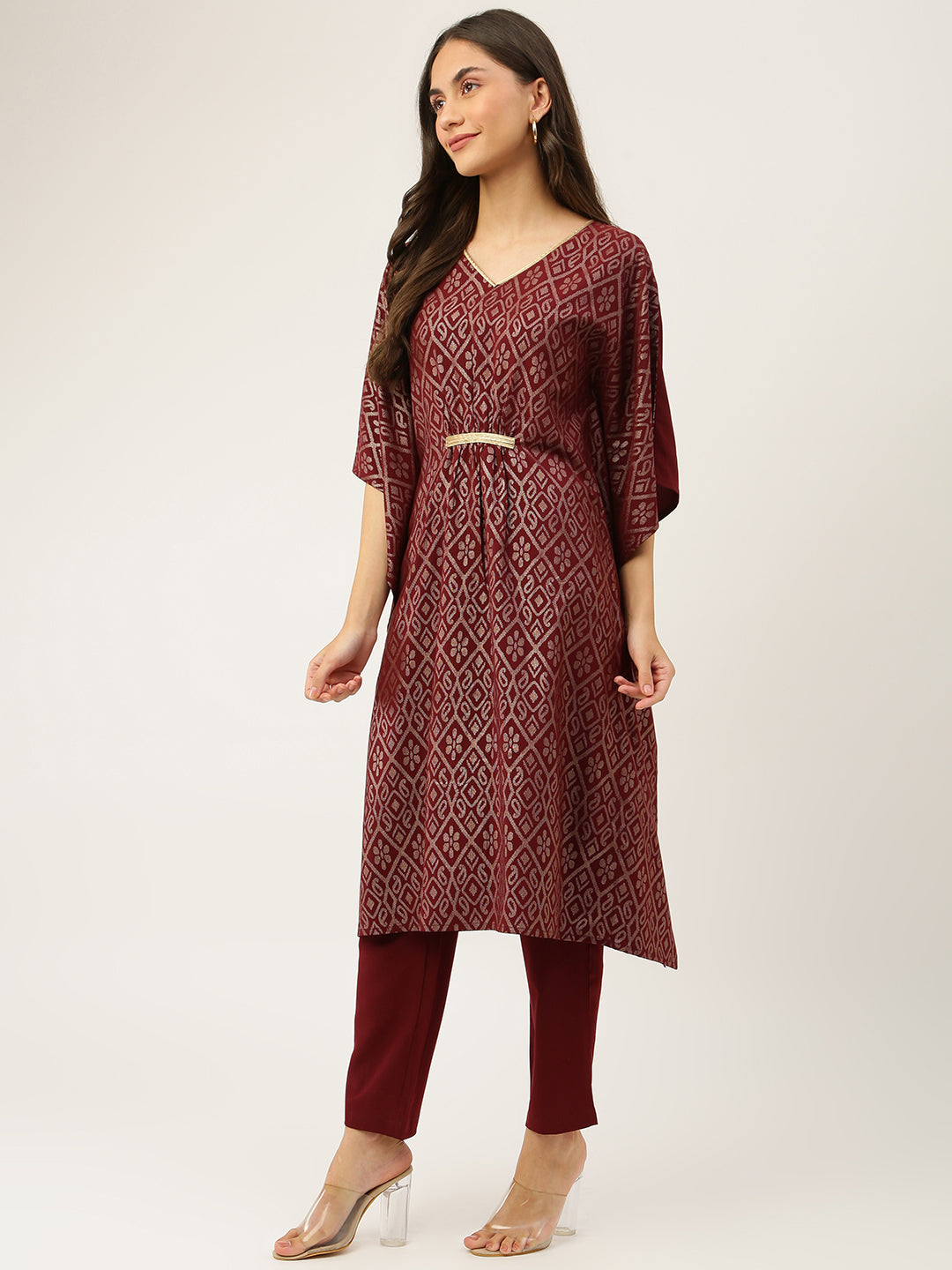 FIORRA Women's Maroon Poly Crepe Kaftan Kurta with Pant
