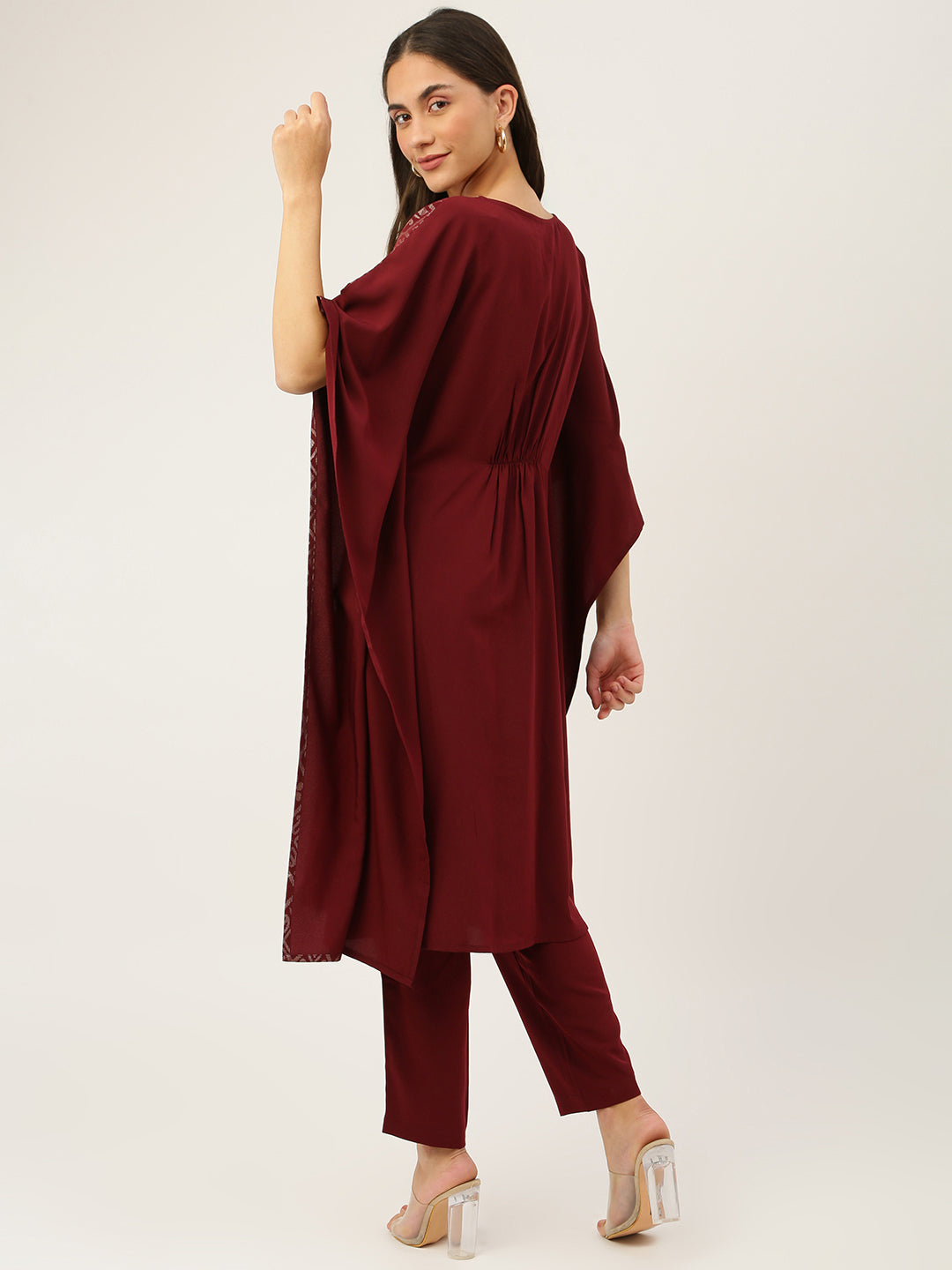 FIORRA Women's Maroon Poly Crepe Kaftan Kurta with Pant