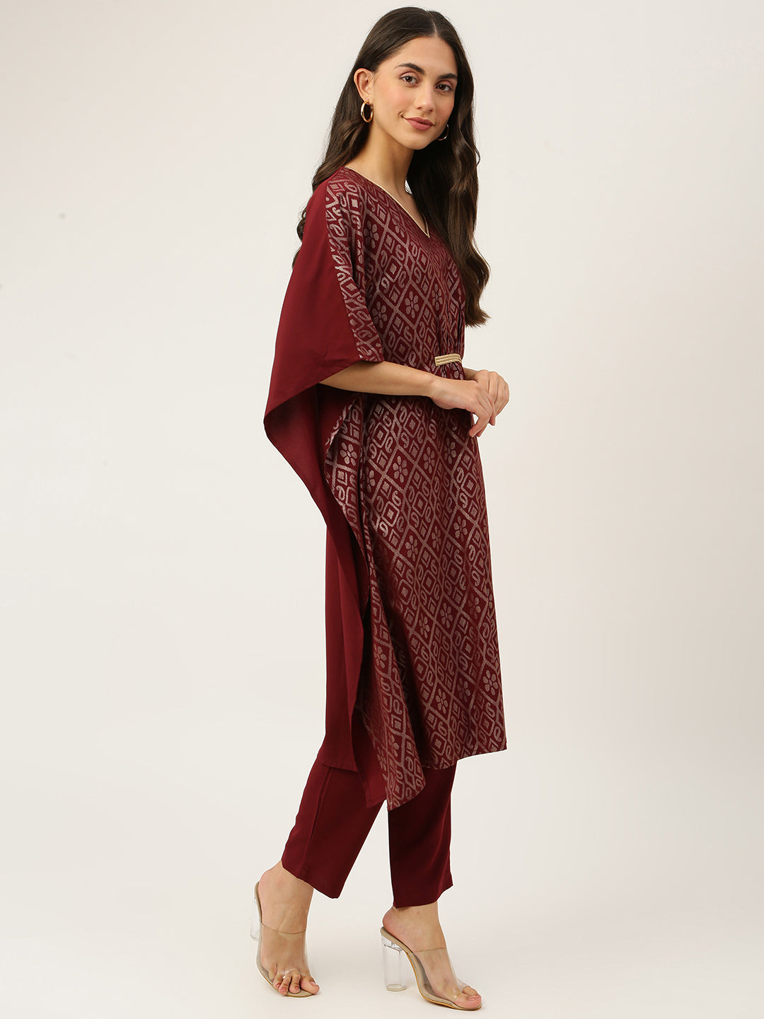 FIORRA Women's Maroon Poly Crepe Kaftan Kurta with Pant