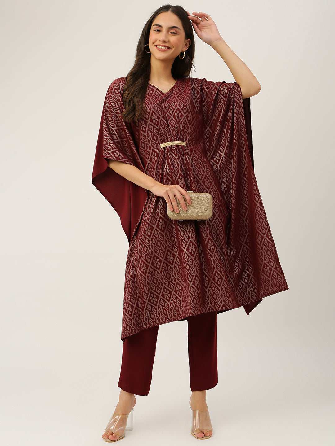 FIORRA Women's Maroon Poly Crepe Kaftan Kurta with Pant