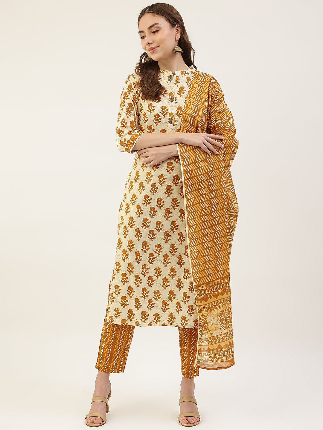 FIORRA Women's Yellow Cotton Straight Kurta with Pant and Dupatta