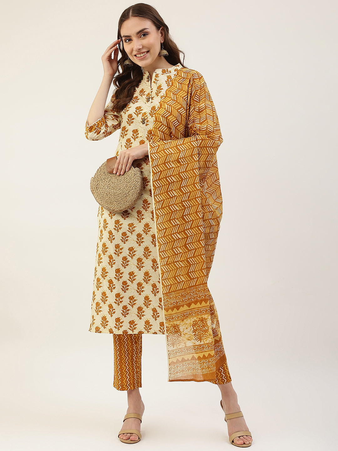 FIORRA Women's Yellow Cotton Straight Kurta with Pant and Dupatta