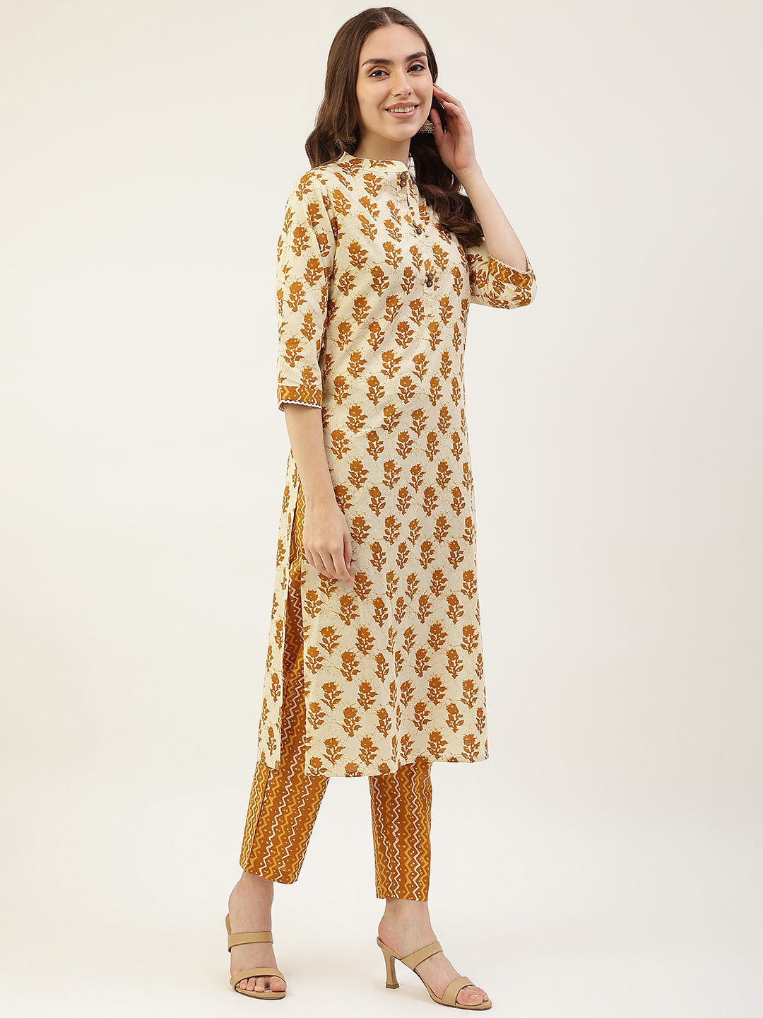 FIORRA Women's Yellow Cotton Straight Kurta with Pant and Dupatta