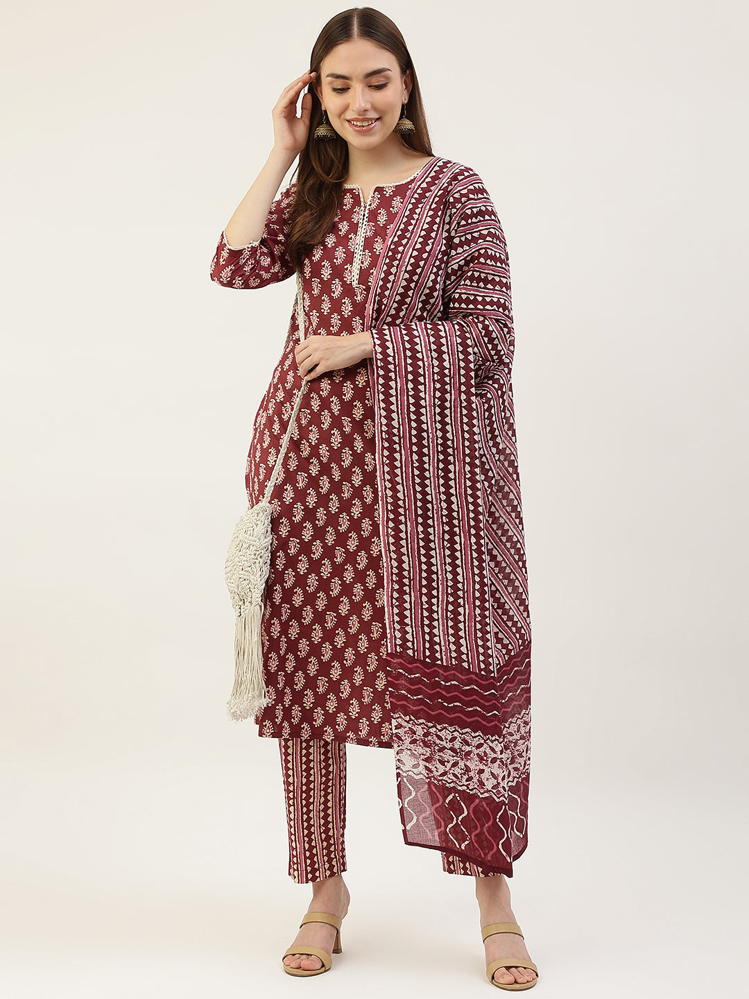 FIORRA Women's Maroon Cotton Straight Kurta with Pant and Dupatta