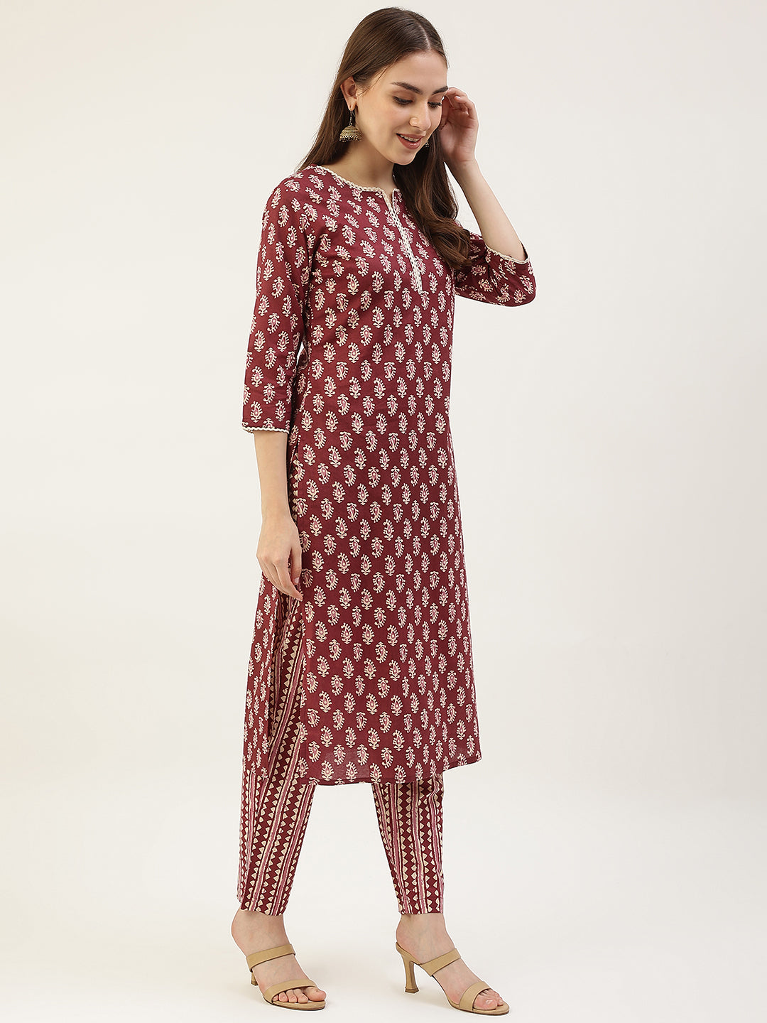 FIORRA Women's Maroon Cotton Straight Kurta with Pant and Dupatta