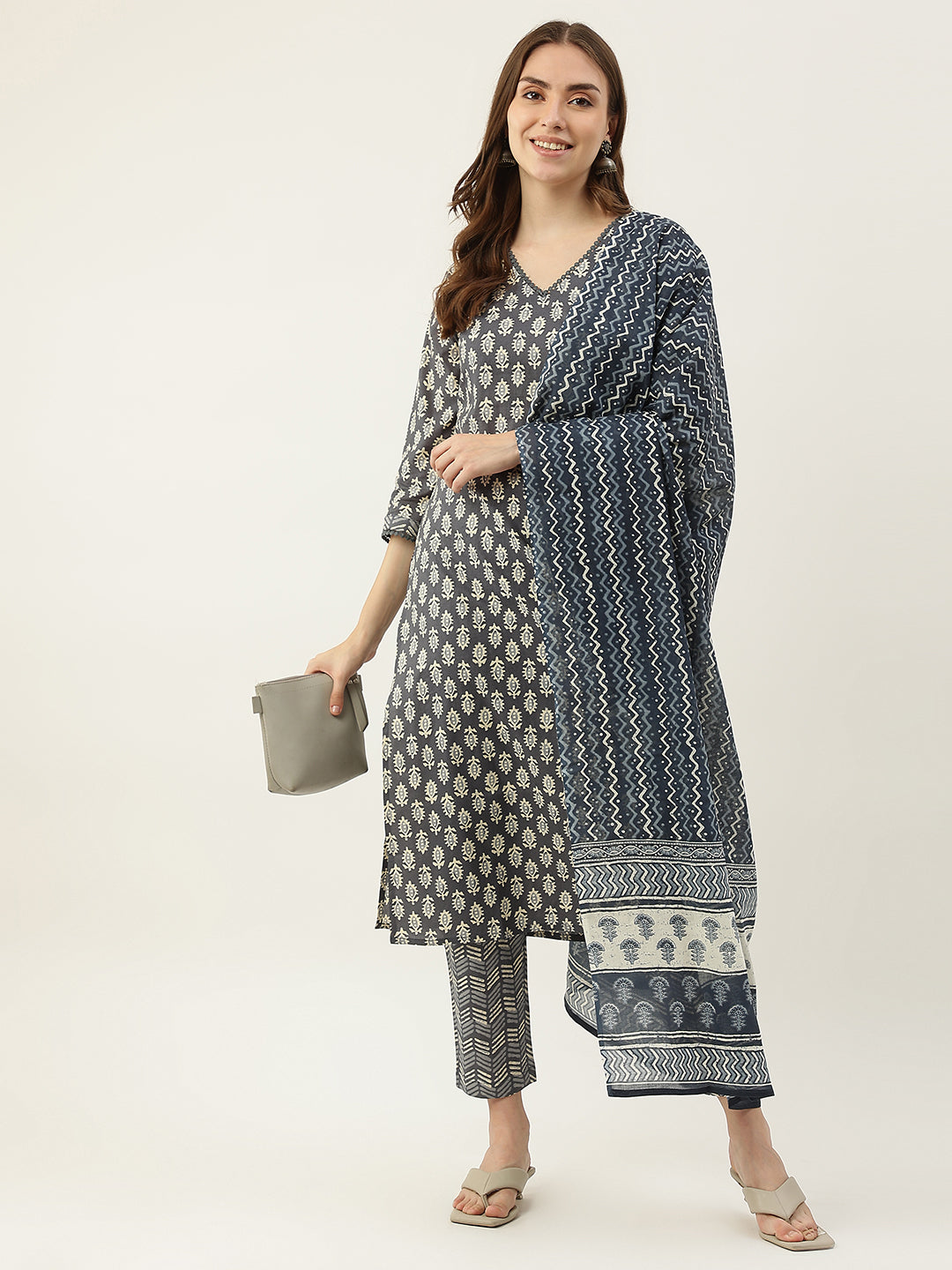 FIORRA Women's Grey Cotton Straight Kurta with Pant and Dupatta