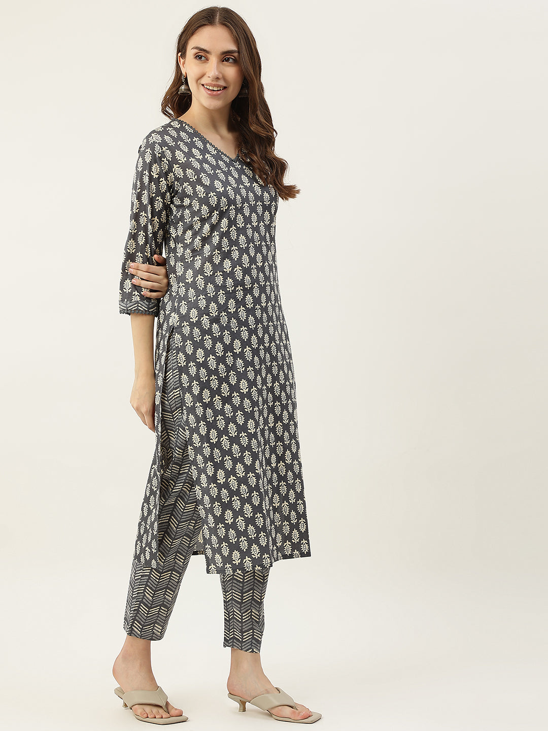 FIORRA Women's Grey Cotton Straight Kurta with Pant and Dupatta