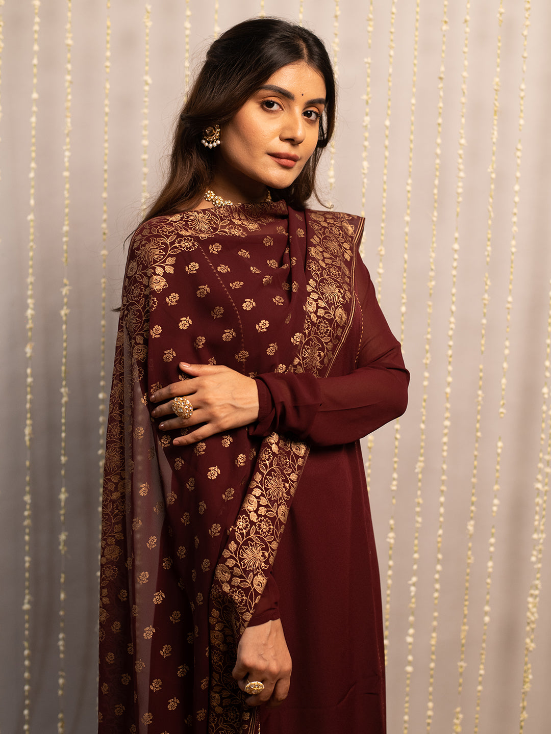 FIORRA Women's Maroon Poly Crepe A-Line Kurta Set With Dupatta