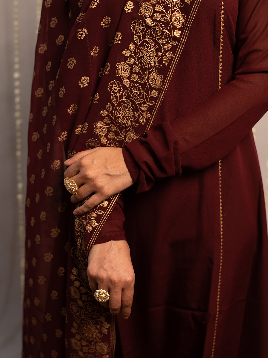 FIORRA Women's Maroon Poly Crepe A-Line Kurta Set With Dupatta