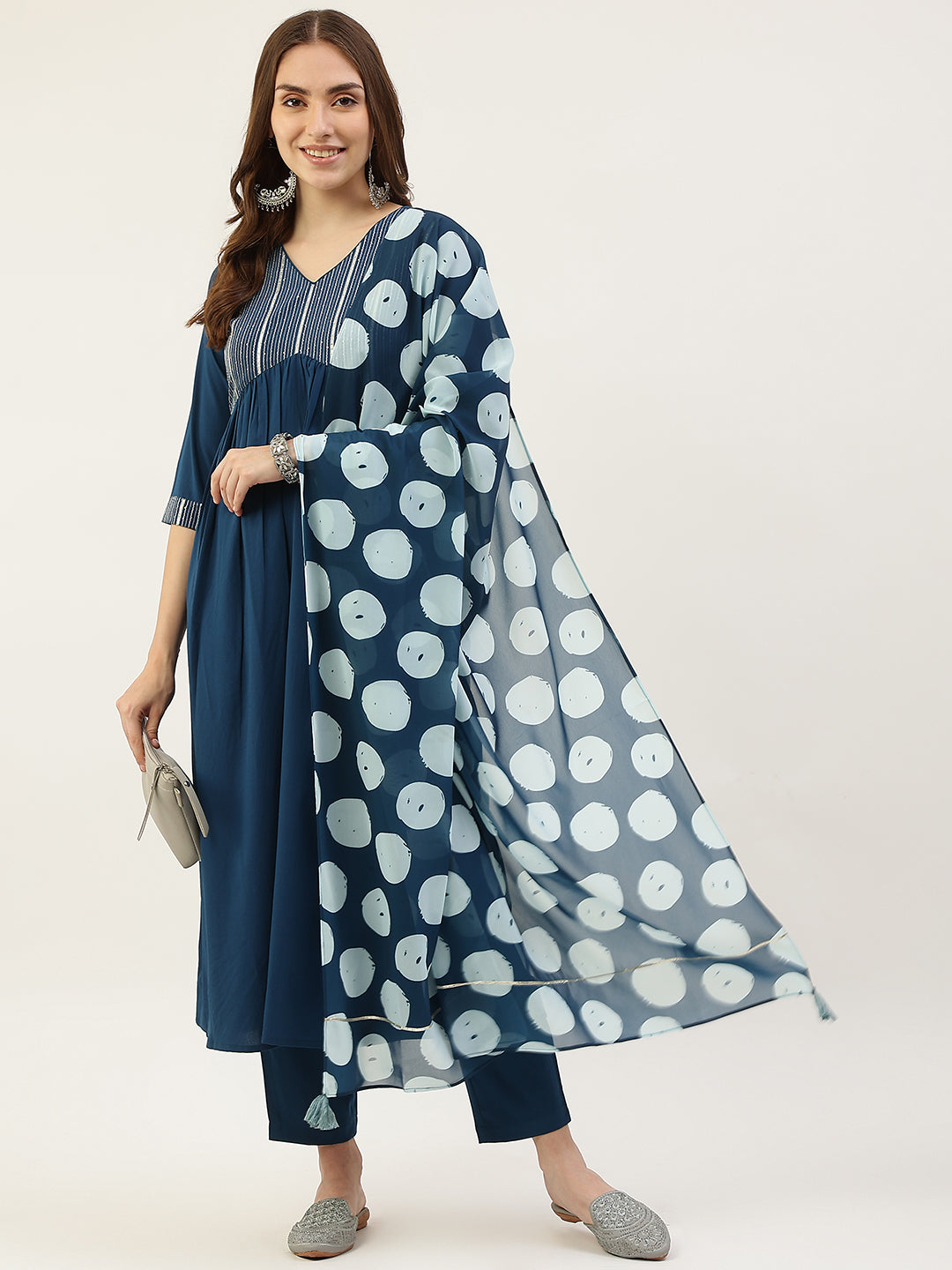 FIORRA Women's Teal Blue Poly Crepe Straight Kurta with Pant and Dupatta