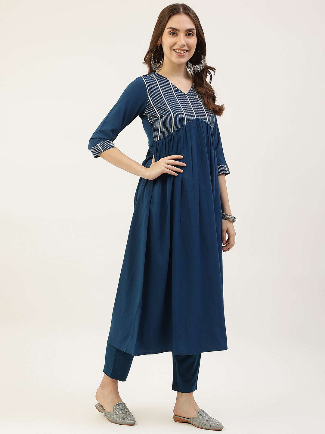 FIORRA Women's Teal Blue Poly Crepe Straight Kurta with Pant and Dupatta