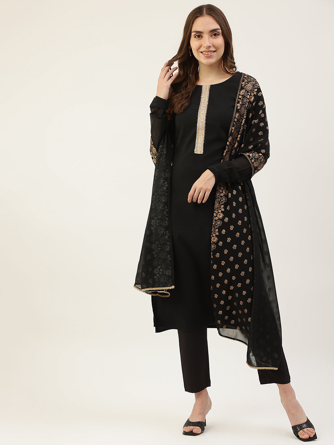 FIORRA Women's Black Poly Crepe Straight Kurta with Pant and Dupatta