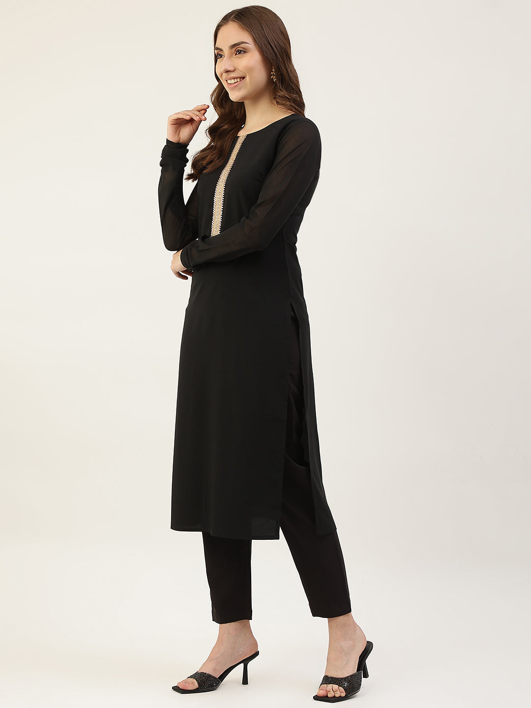 FIORRA Women's Black Poly Crepe Straight Kurta with Pant and Dupatta