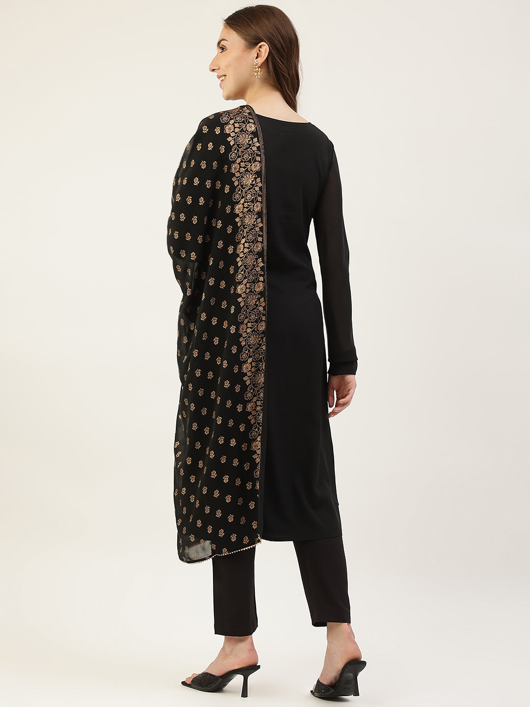 FIORRA Women's Black Poly Crepe Straight Kurta with Pant and Dupatta