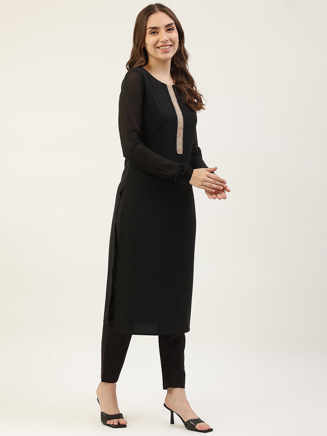 FIORRA Women's Black Poly Crepe Straight Kurta with Pant and Dupatta