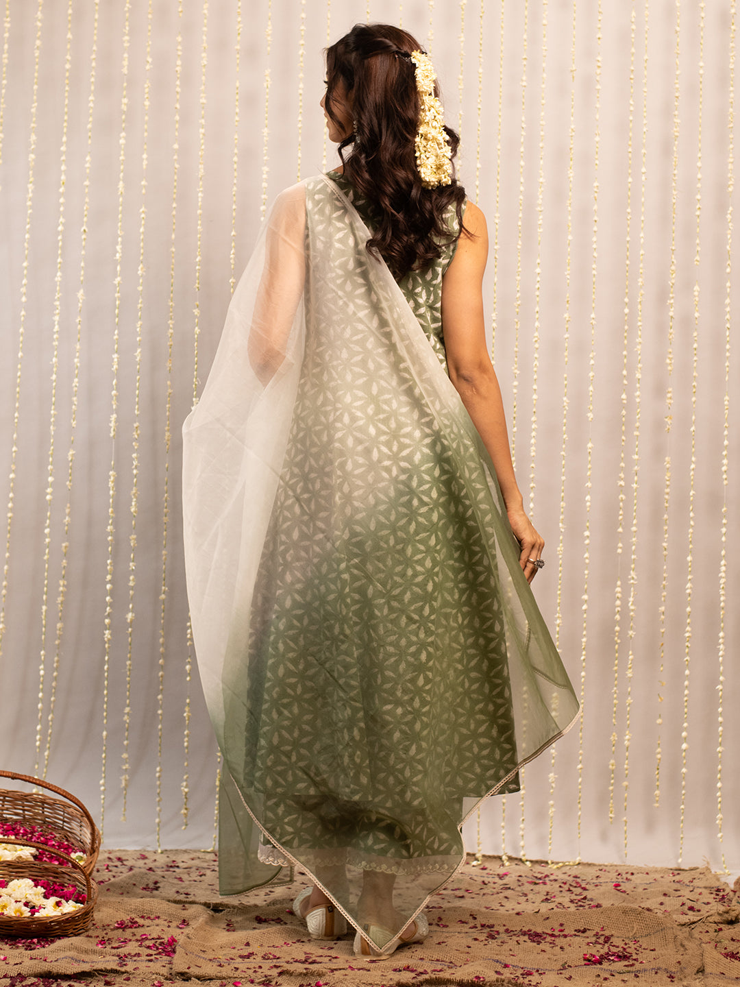 FIORRA Women's Fern Green Pure Cotton Flared Kurta, Palazzo & Dupatta