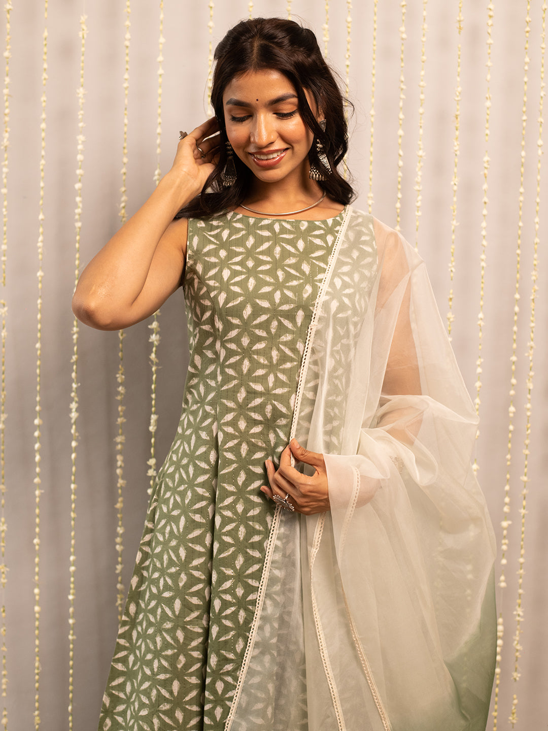 FIORRA Women's Fern Green Pure Cotton Flared Kurta, Palazzo & Dupatta