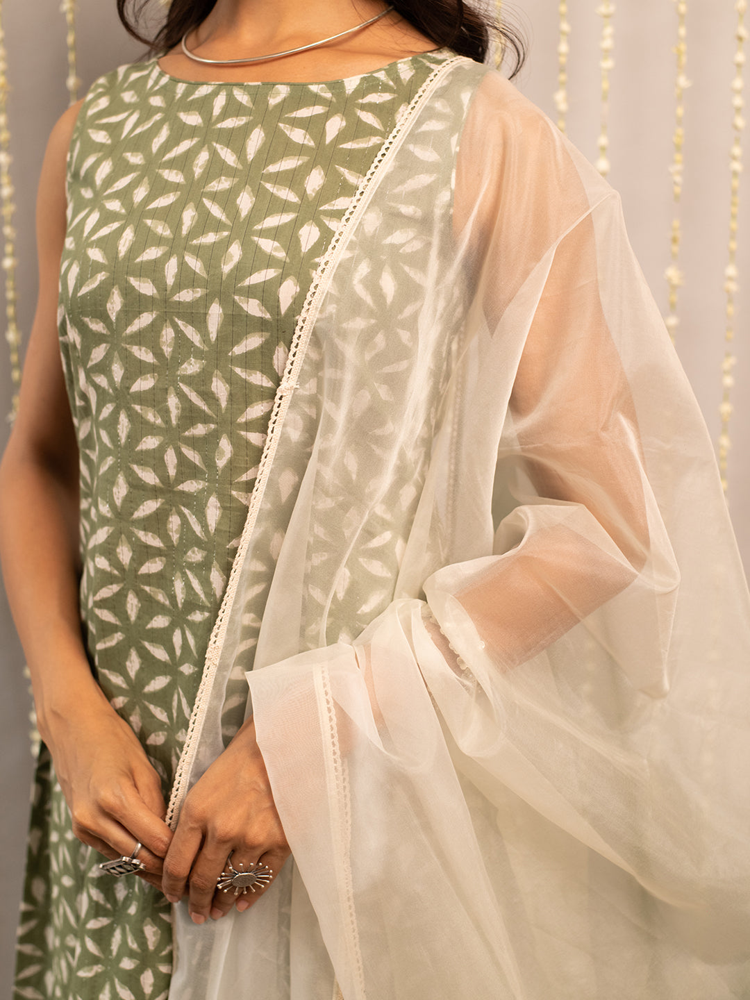 FIORRA Women's Fern Green Pure Cotton Flared Kurta, Palazzo & Dupatta