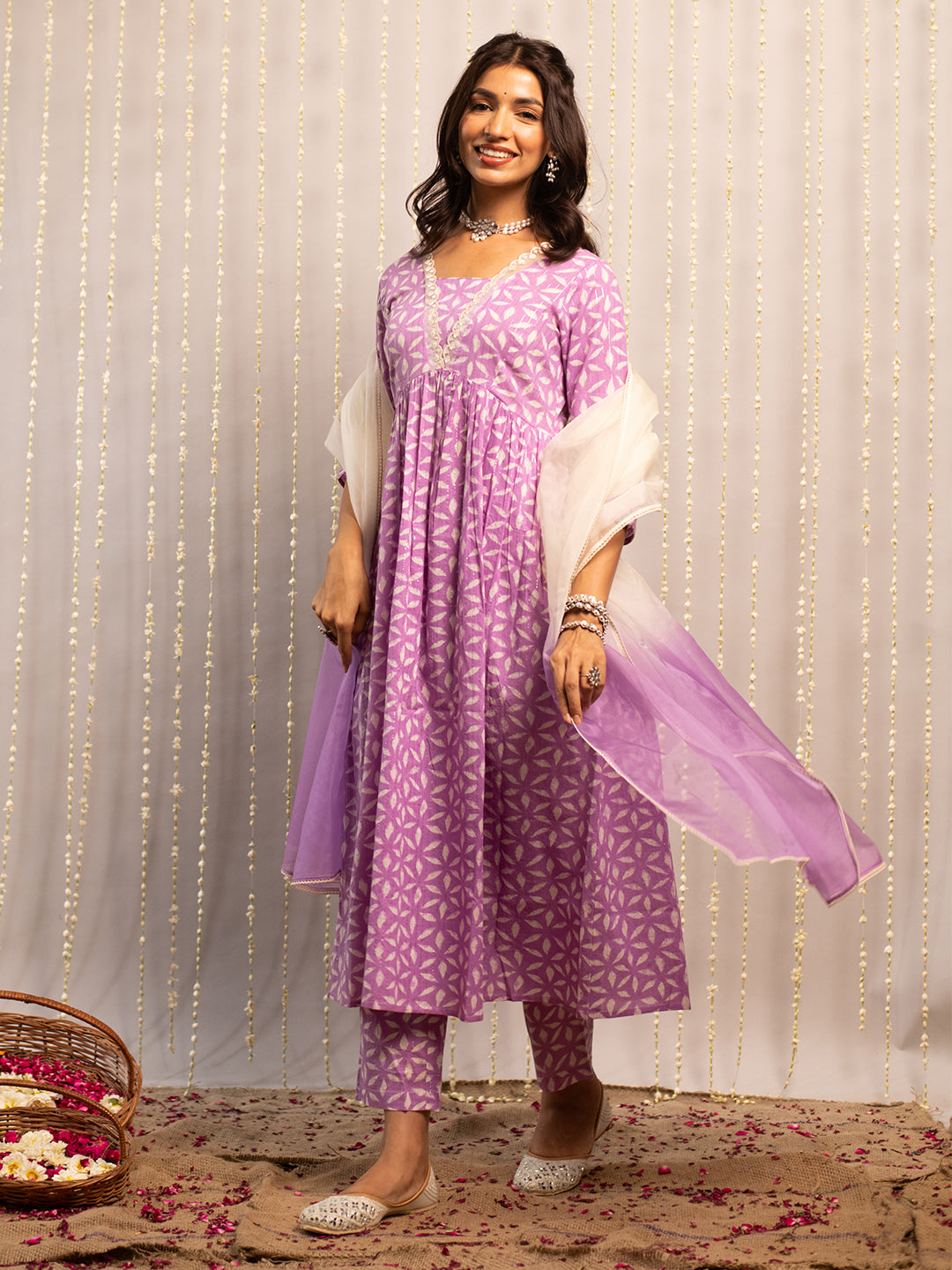 FIORRA Women's Lavender Pure Cotton Flared Kurta Set With Dupatta