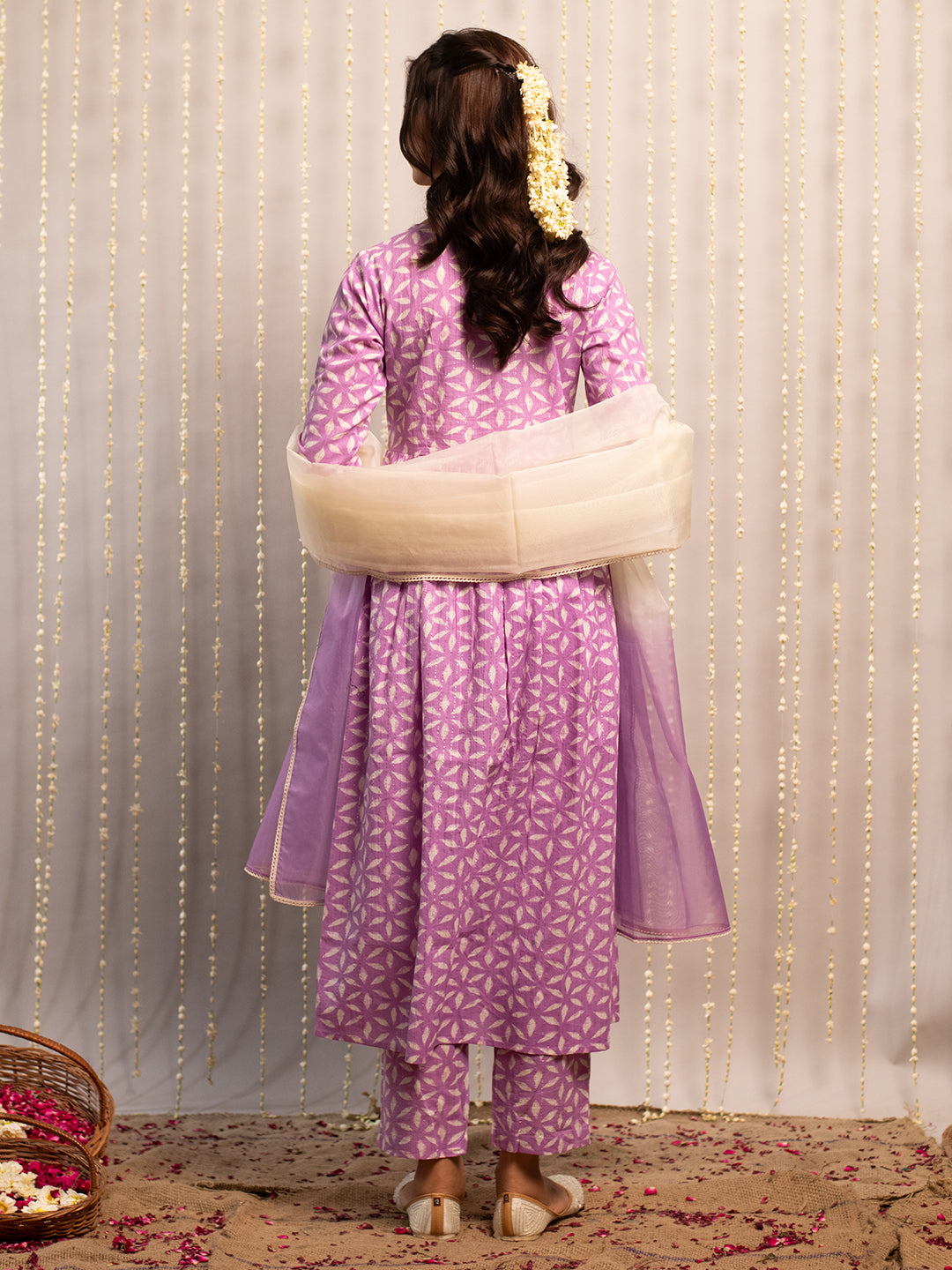 FIORRA Women's Lavender Pure Cotton Flared Kurta Set With Dupatta