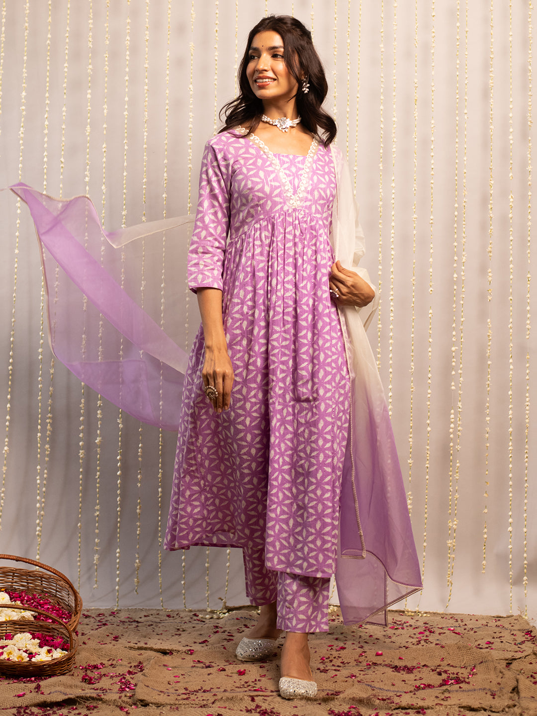 FIORRA Women's Lavender Pure Cotton Flared Kurta Set With Dupatta