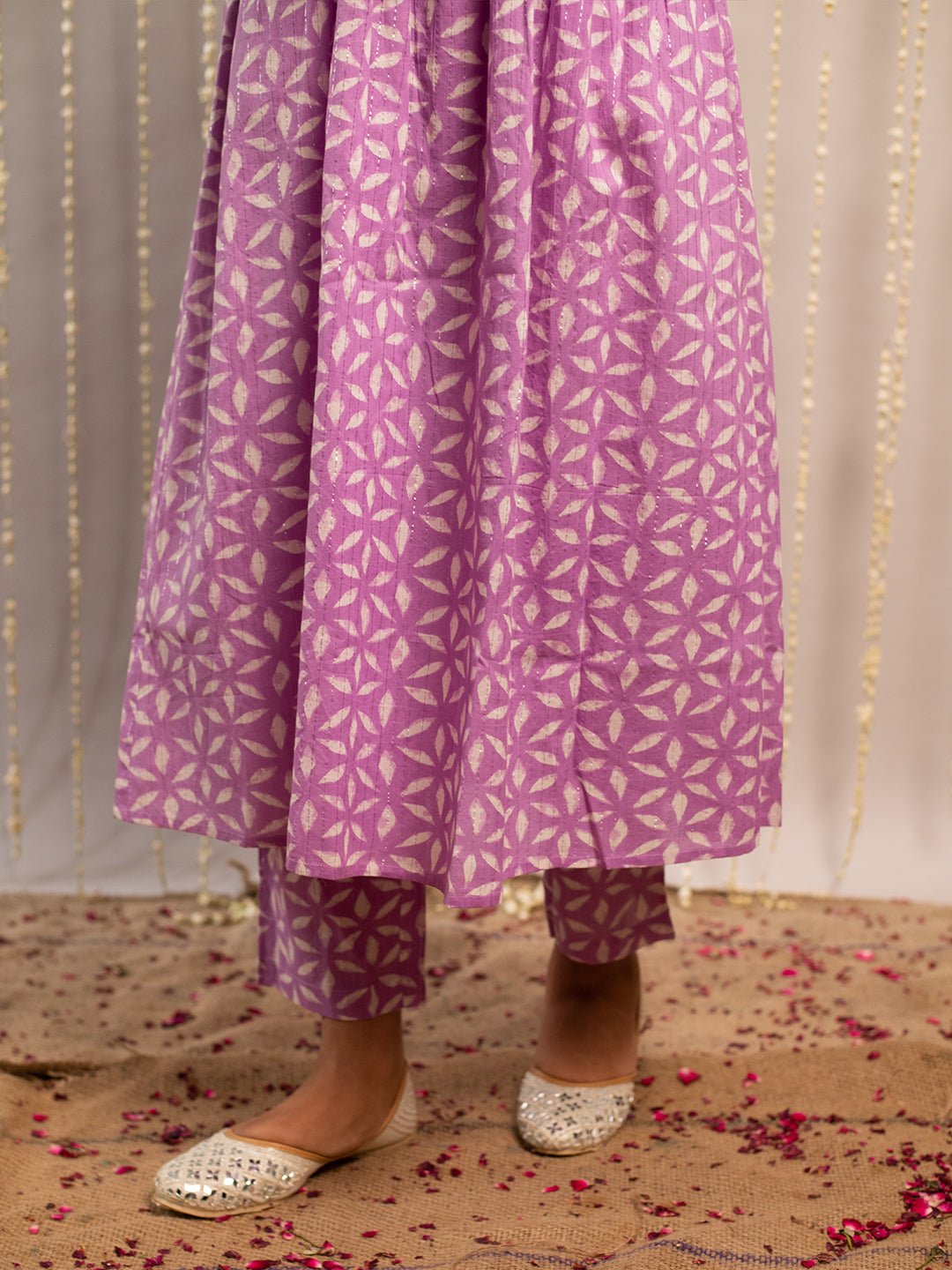 FIORRA Women's Lavender Pure Cotton Flared Kurta Set With Dupatta