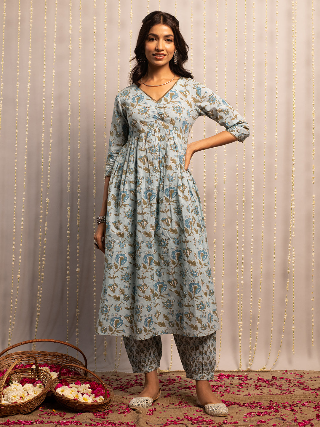 FIORRA Women's Light Blue Pure Cotton Flared Kurta with Pant