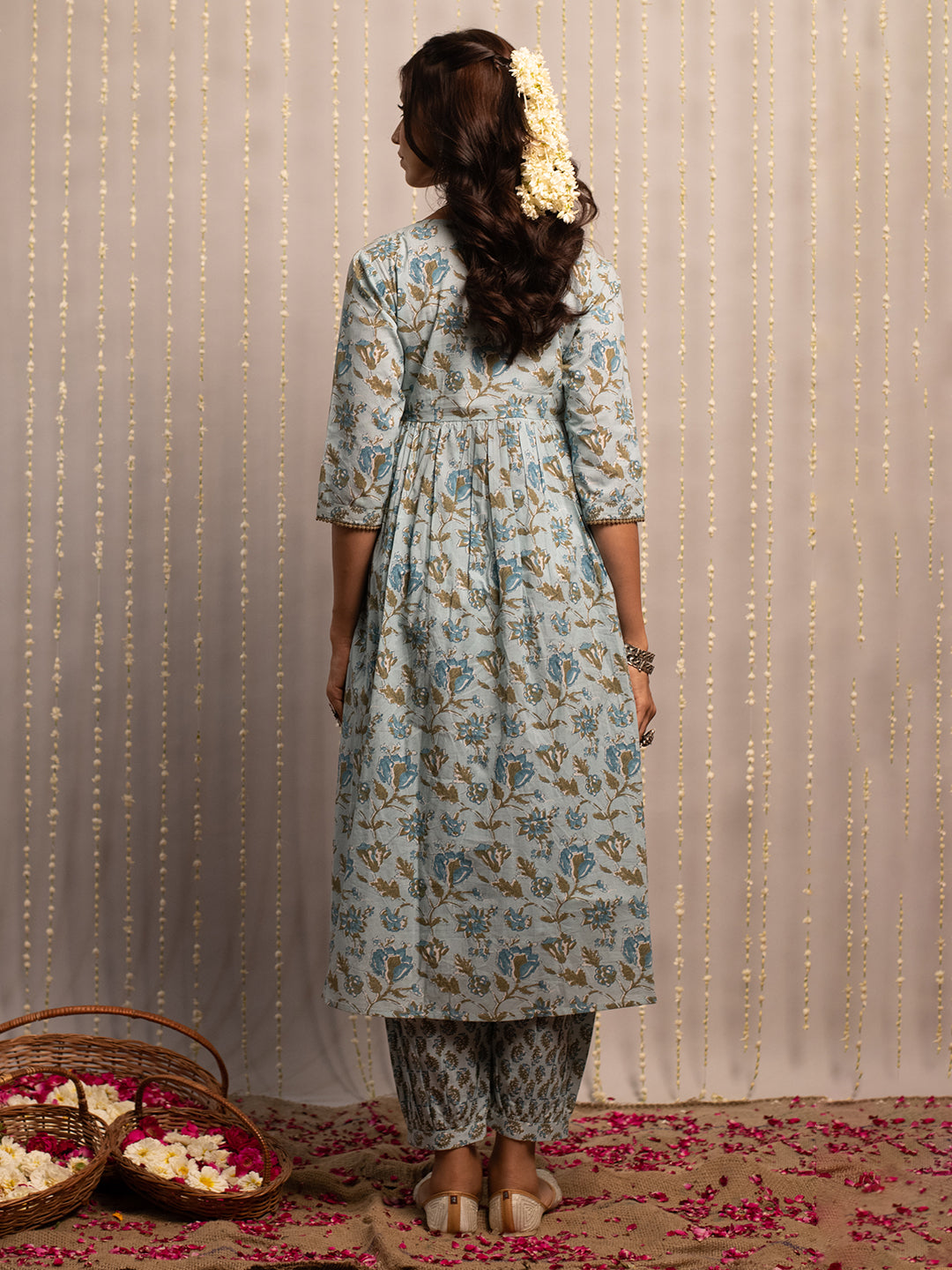 FIORRA Women's Light Blue Pure Cotton Flared Kurta with Pant