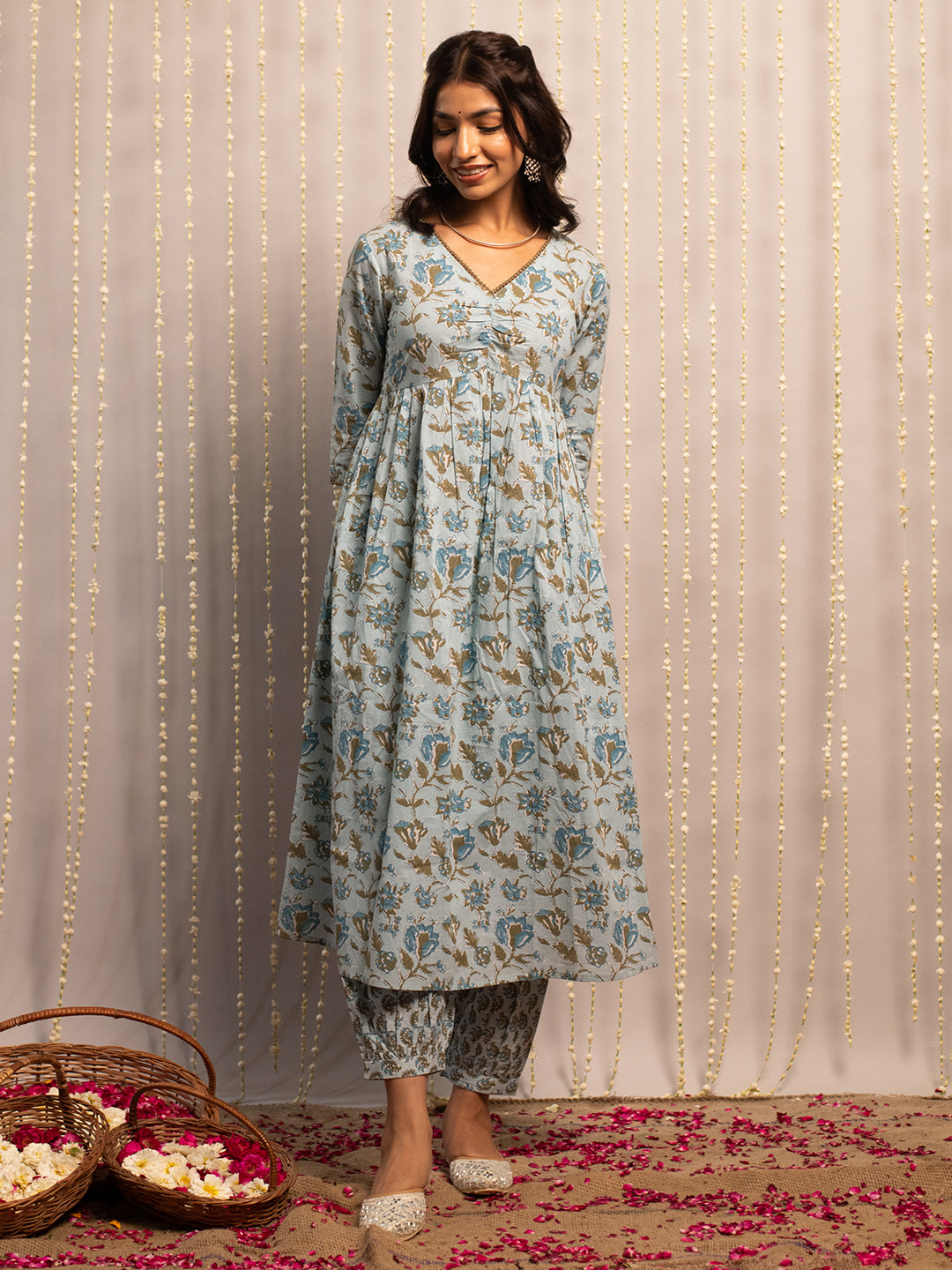 FIORRA Women's Light Blue Pure Cotton Flared Kurta with Pant