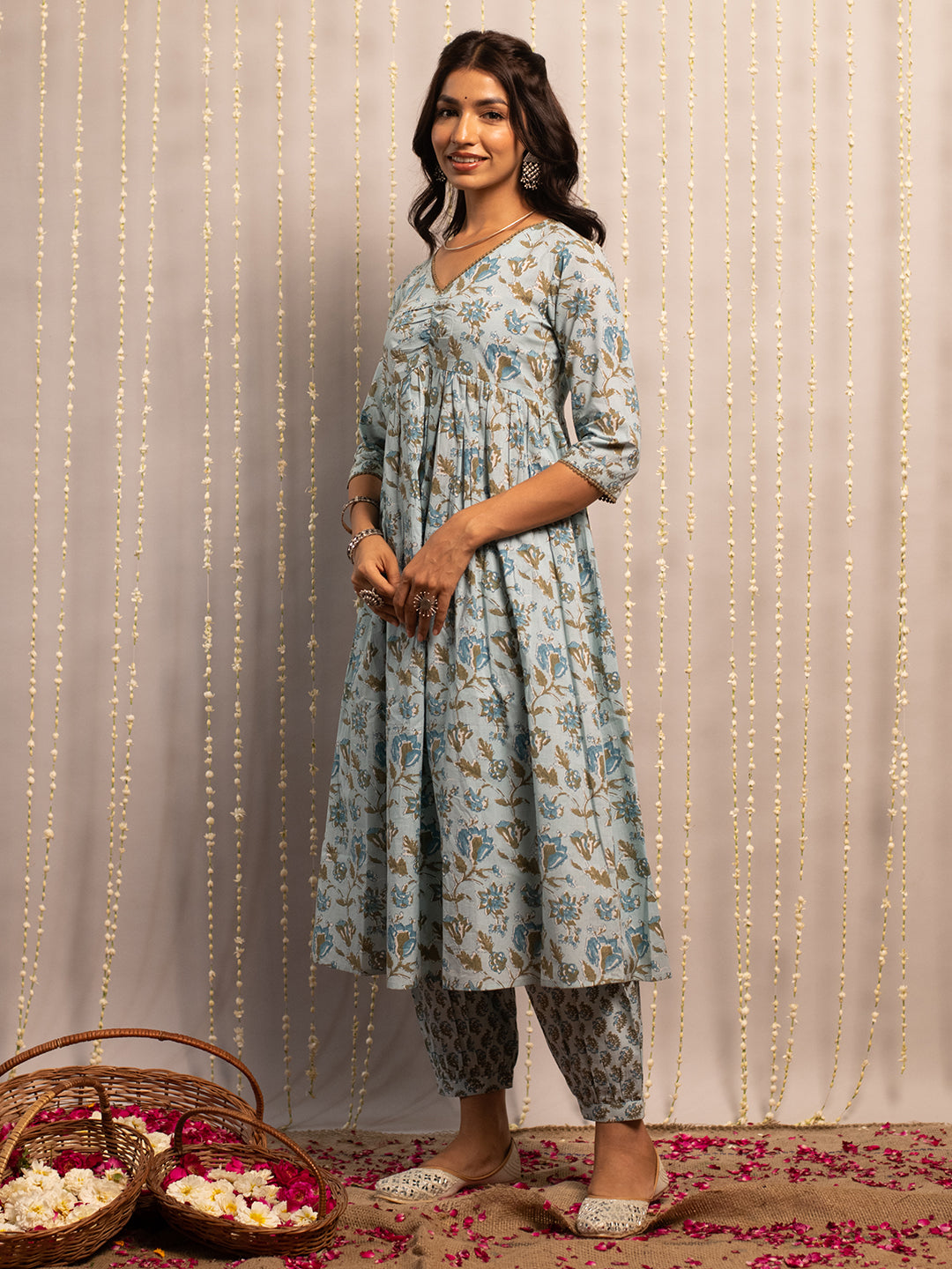 FIORRA Women's Light Blue Pure Cotton Flared Kurta with Pant