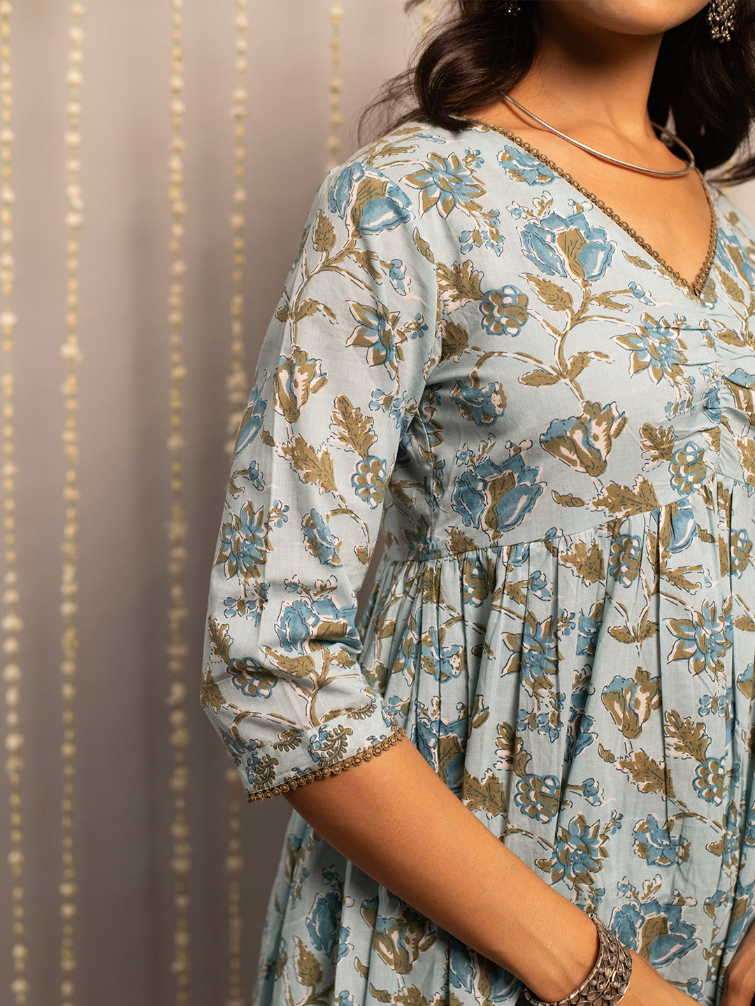 FIORRA Women's Light Blue Pure Cotton Flared Kurta with Pant