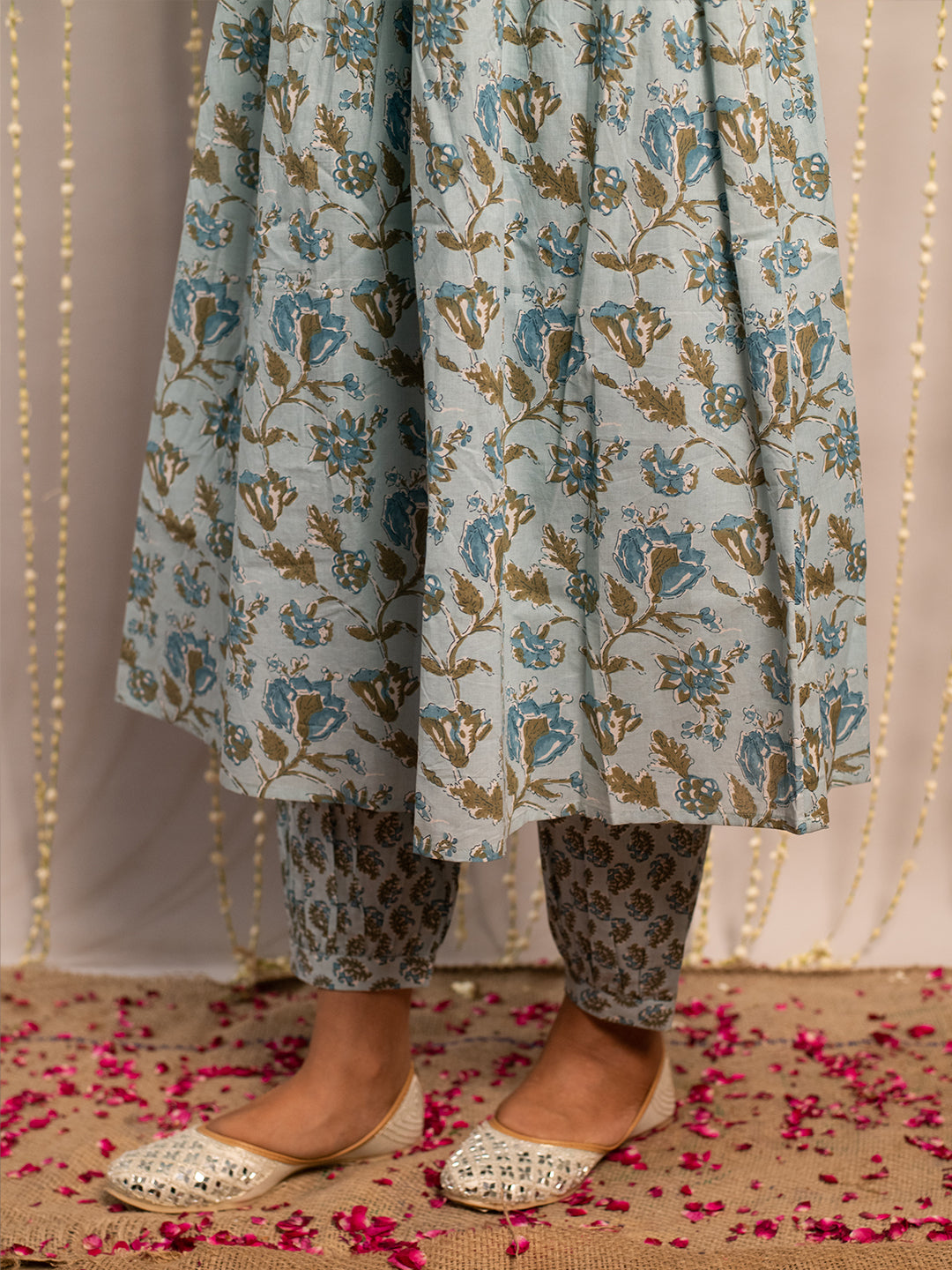 FIORRA Women's Light Blue Pure Cotton Flared Kurta with Pant